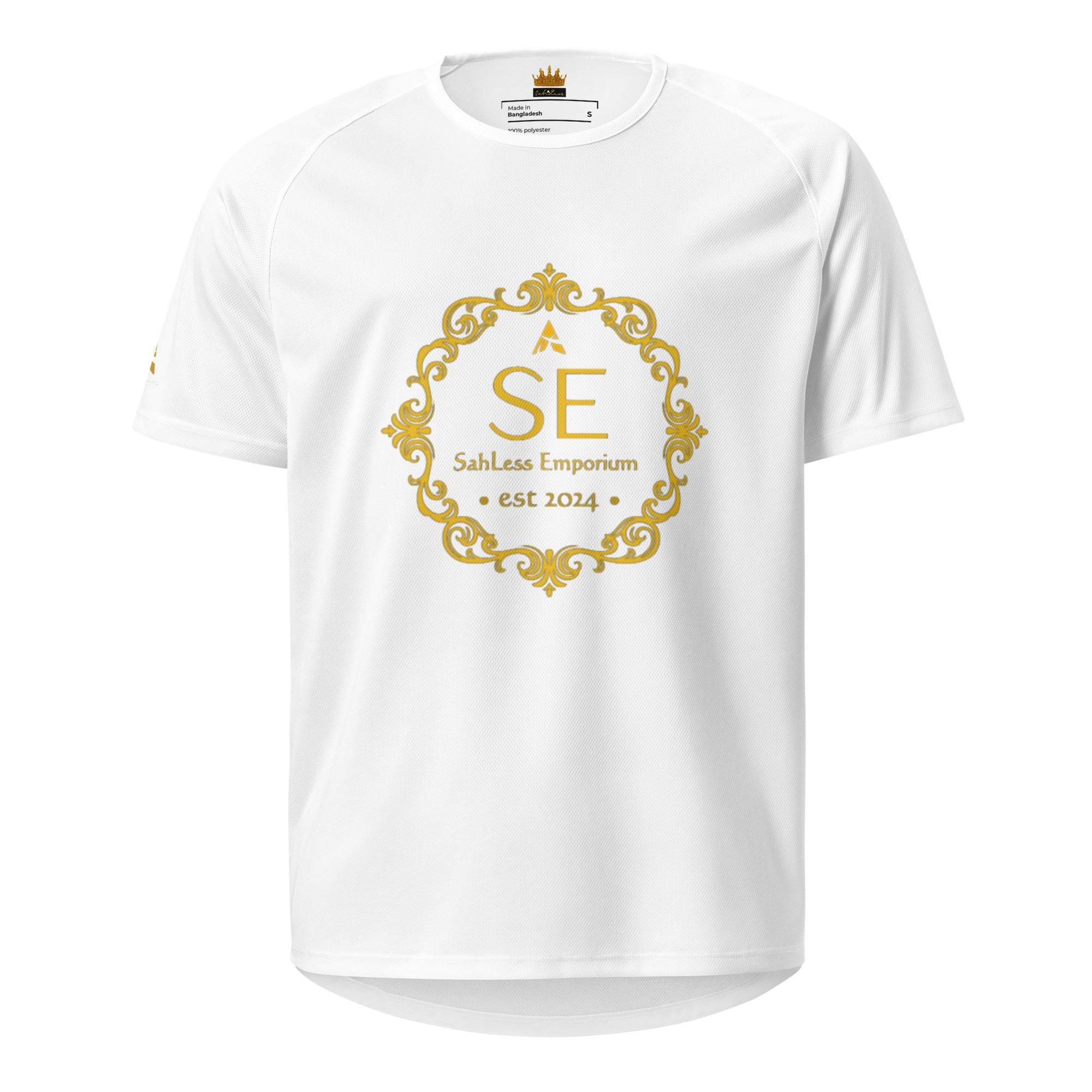 Unisex SahLess Legacy Jersey in white with gold "SahLess Emporium EST. 2024" print, premium cotton, modern fit.
