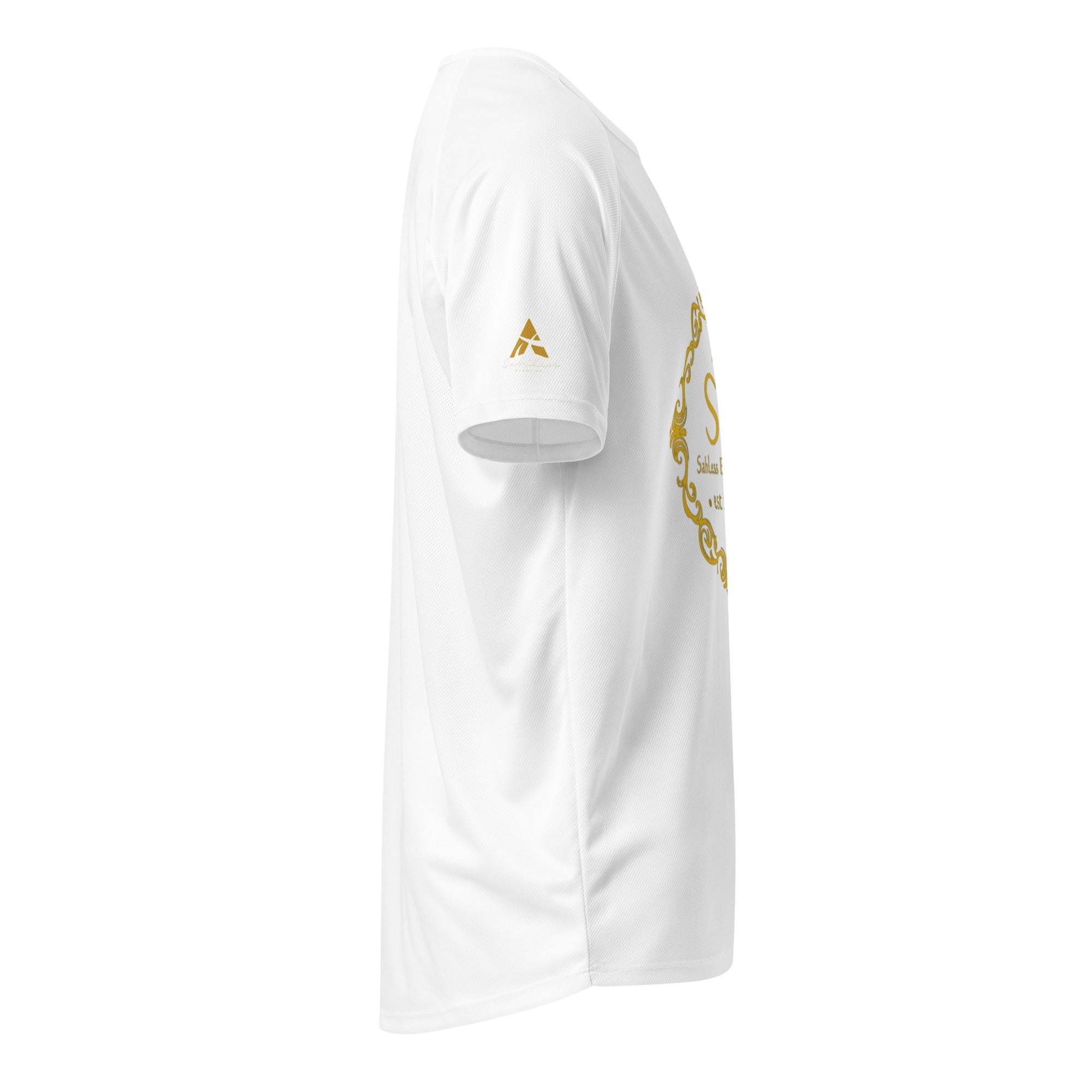 Unisex SahLess Legacy Jersey in white with gold print, featuring a streetwear fit and minimalist design.