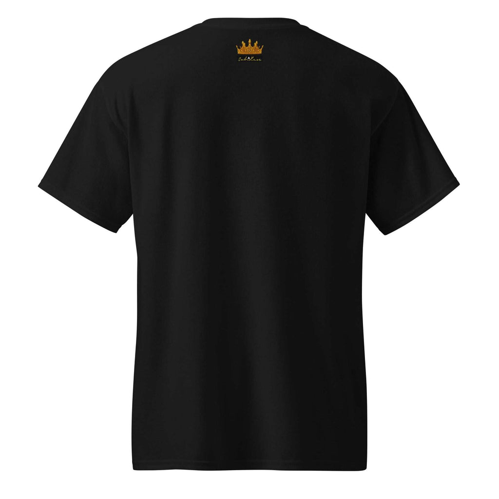 Black SahLess DryBlend® Performance Tee with gold crown logo on back, moisture-wicking cotton-poly blend, modern classic fit