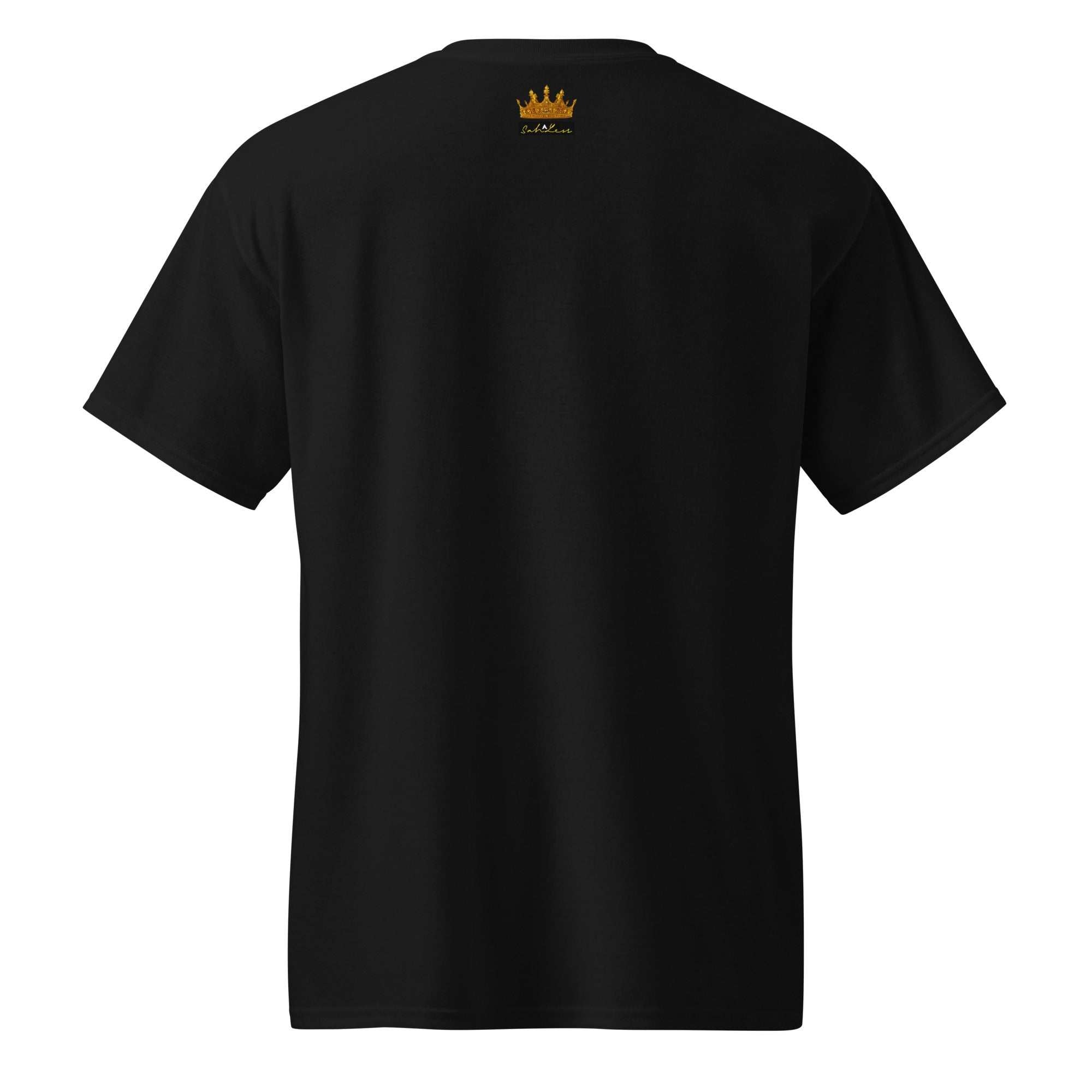 Black SahLess DryBlend® Performance Tee with gold crown logo on back, moisture-wicking cotton-poly blend, modern classic fit