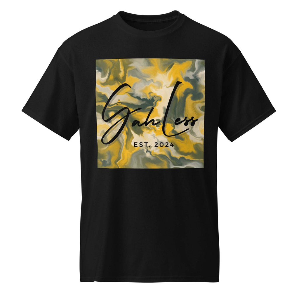 Black SahLess DryBlend® Performance Tee with yellow and gray graphic and SahLess EST. 2024 text