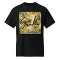 Black SahLess DryBlend® Performance Tee with yellow and gray graphic and SahLess EST. 2024 text