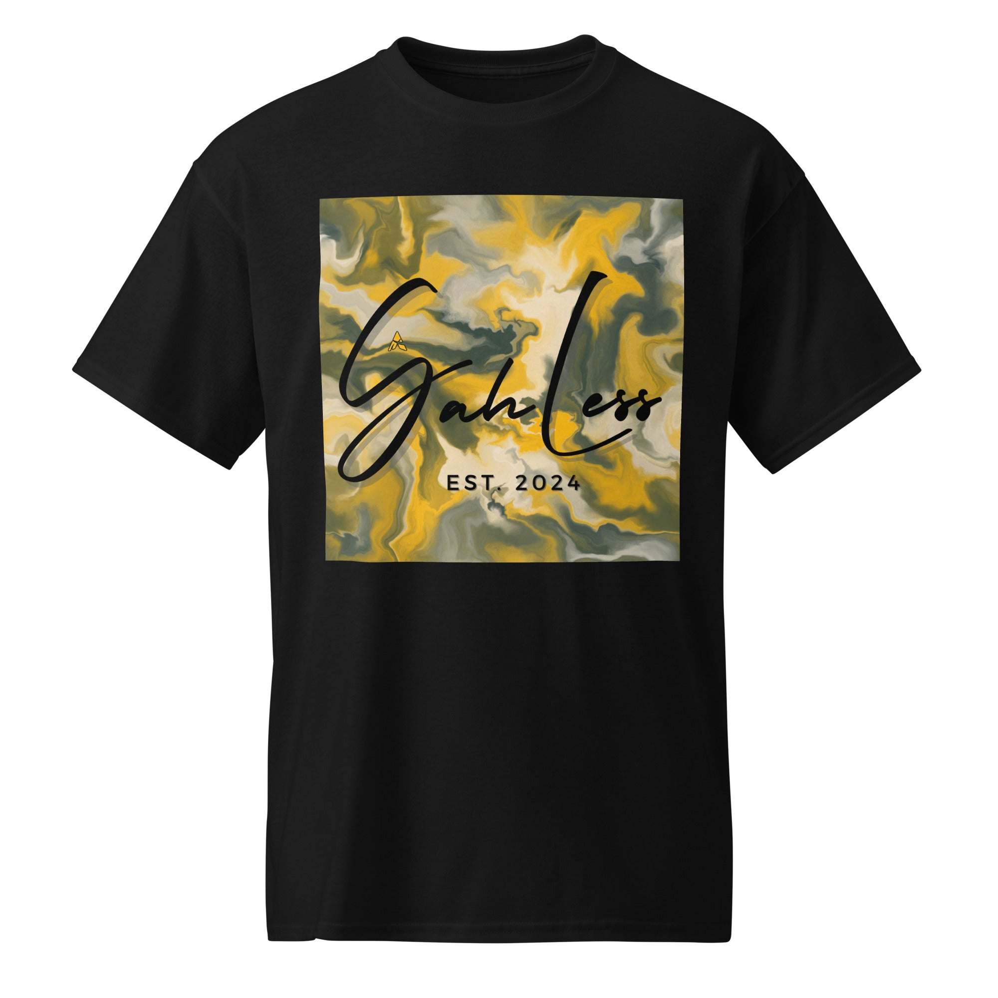 Black SahLess DryBlend® Performance Tee with yellow and gray graphic and SahLess EST. 2024 text