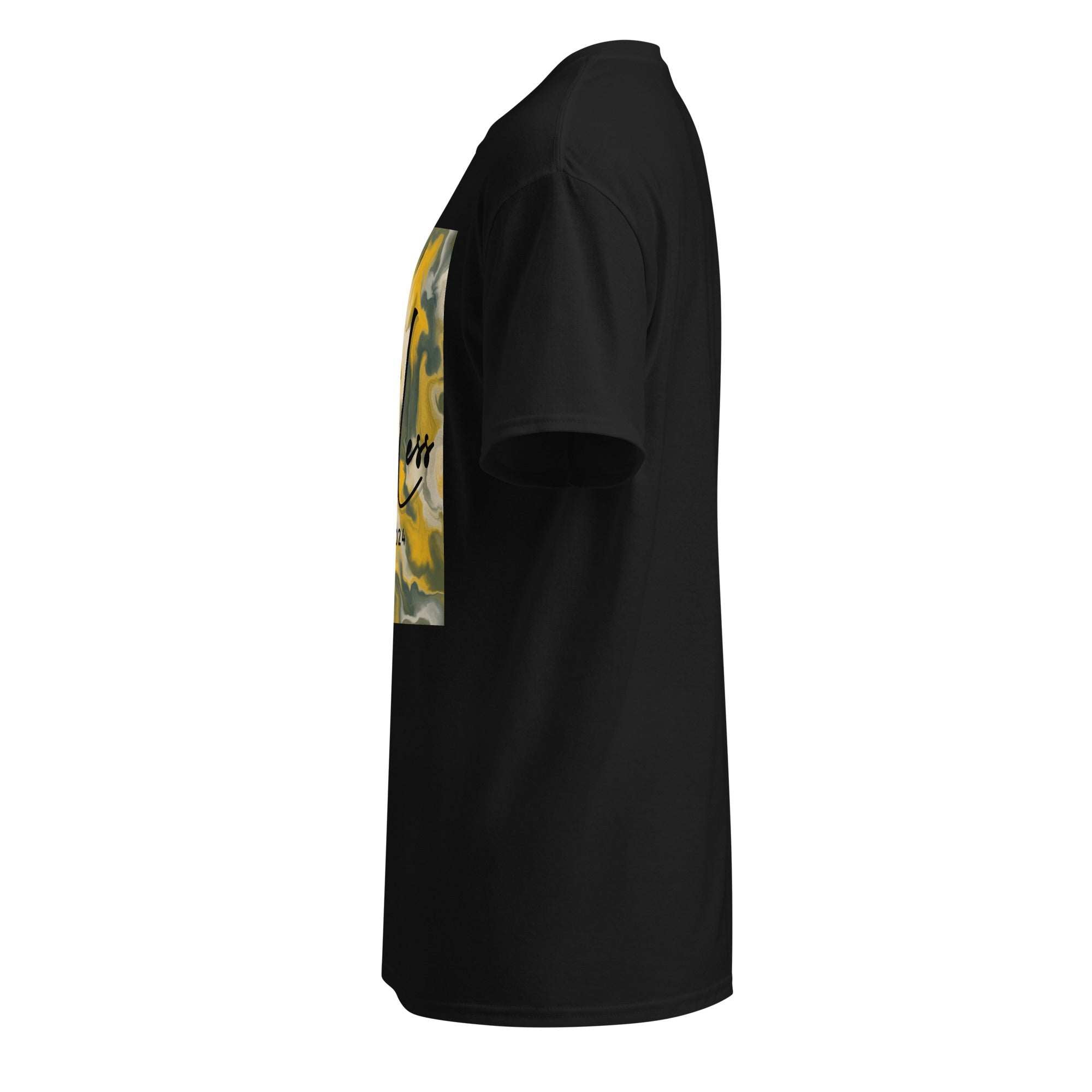 Side view of black SahLess DryBlend® Performance Tee with graphic print designed for moisture-wicking and comfort