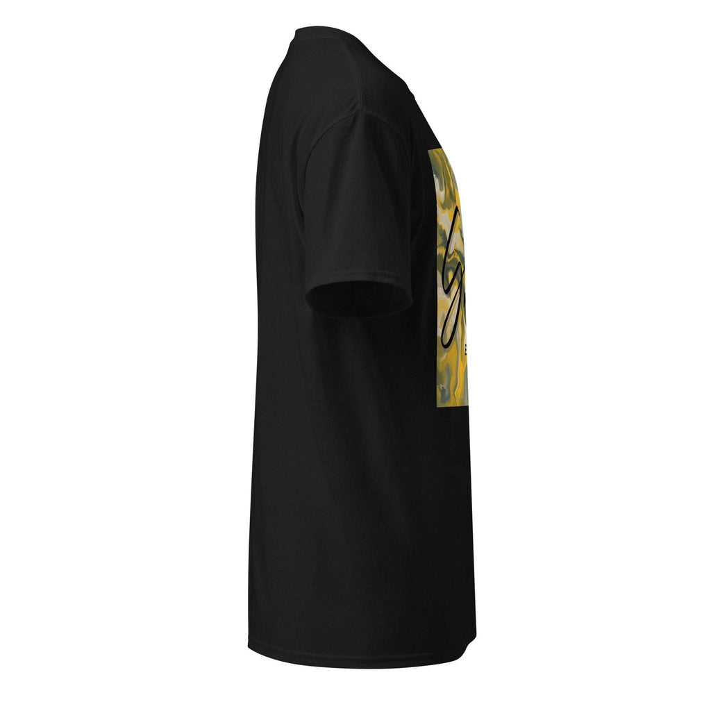 Side view of black SahLess DryBlend® Graphic Performance Tee with yellow and black front graphic design