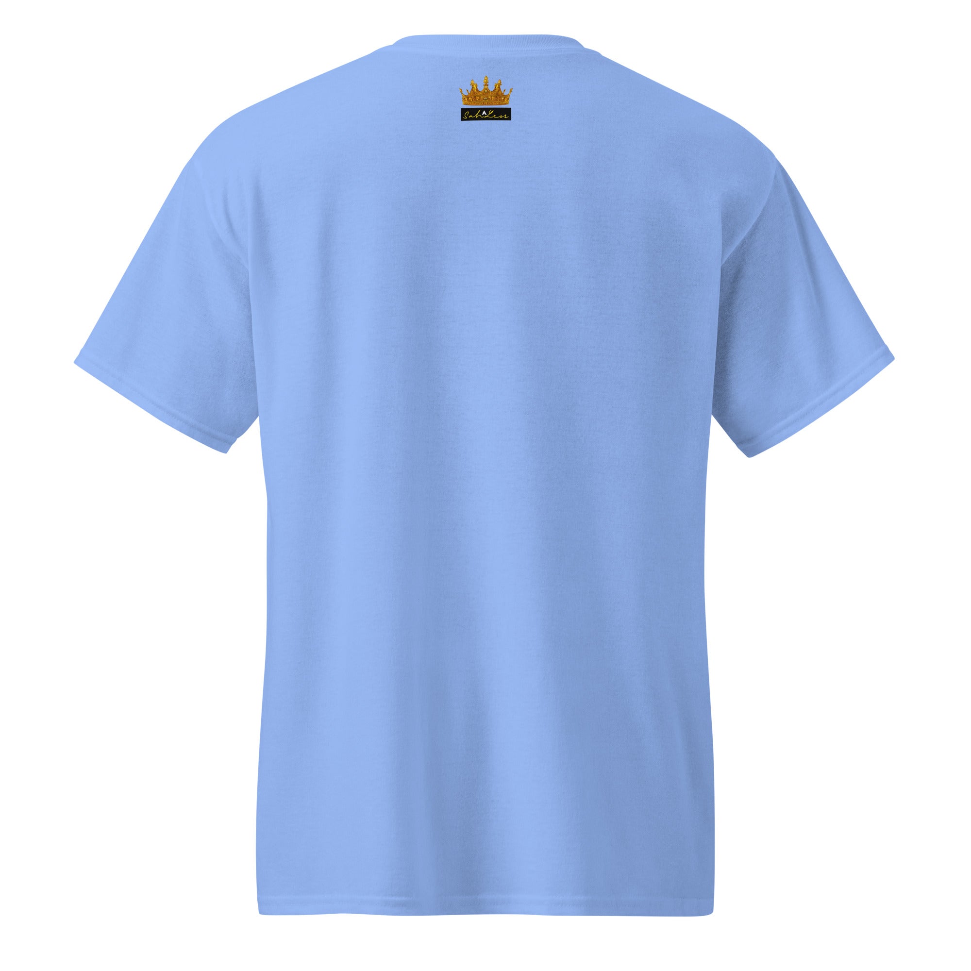Back view of light blue DryBlend® Graphic Performance Tee with SahLess Emporium EST. 2024 logo near collar.