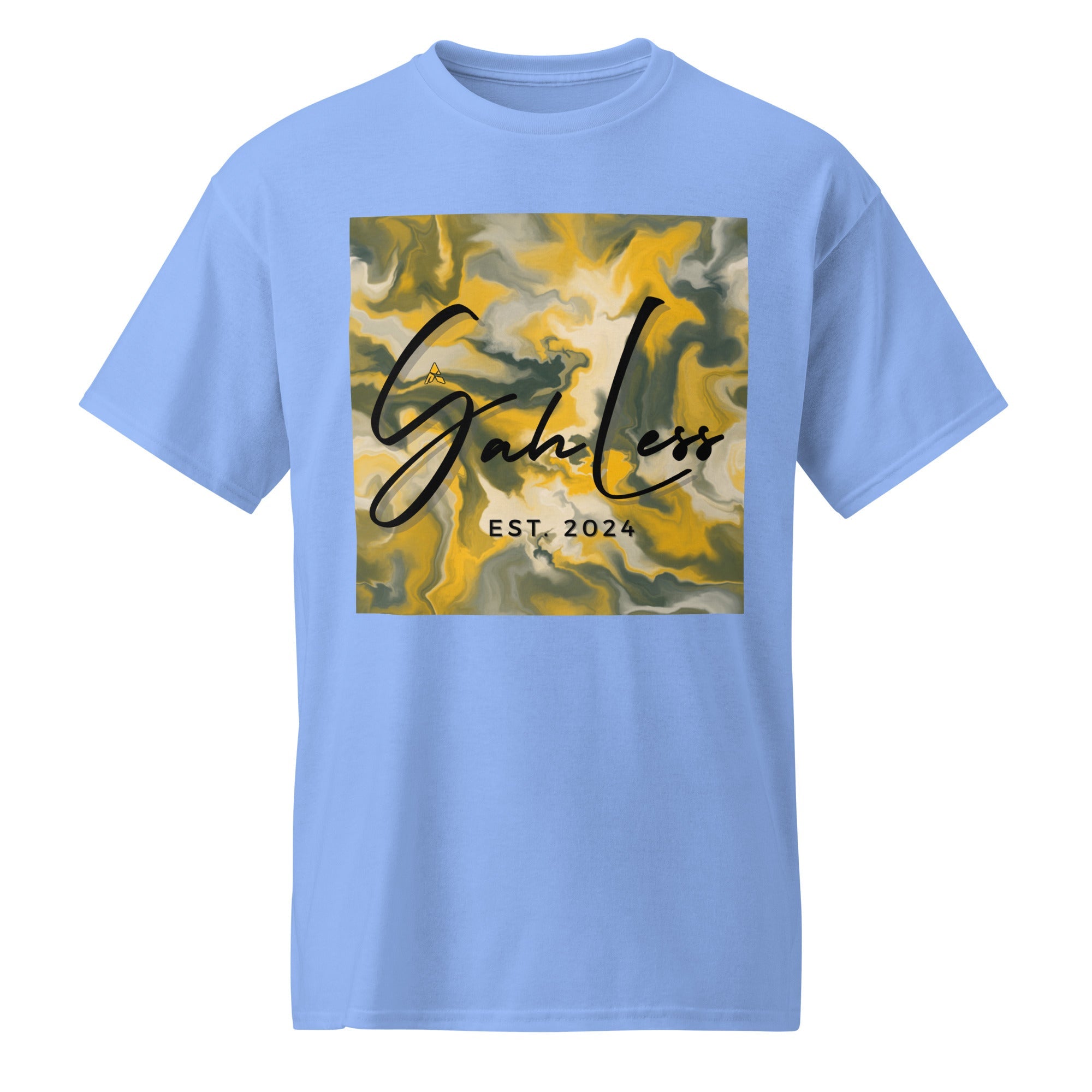 Light blue SahLess DryBlend® Performance Tee with abstract yellow and gray graphic and SahLess EST. 2024 text on front