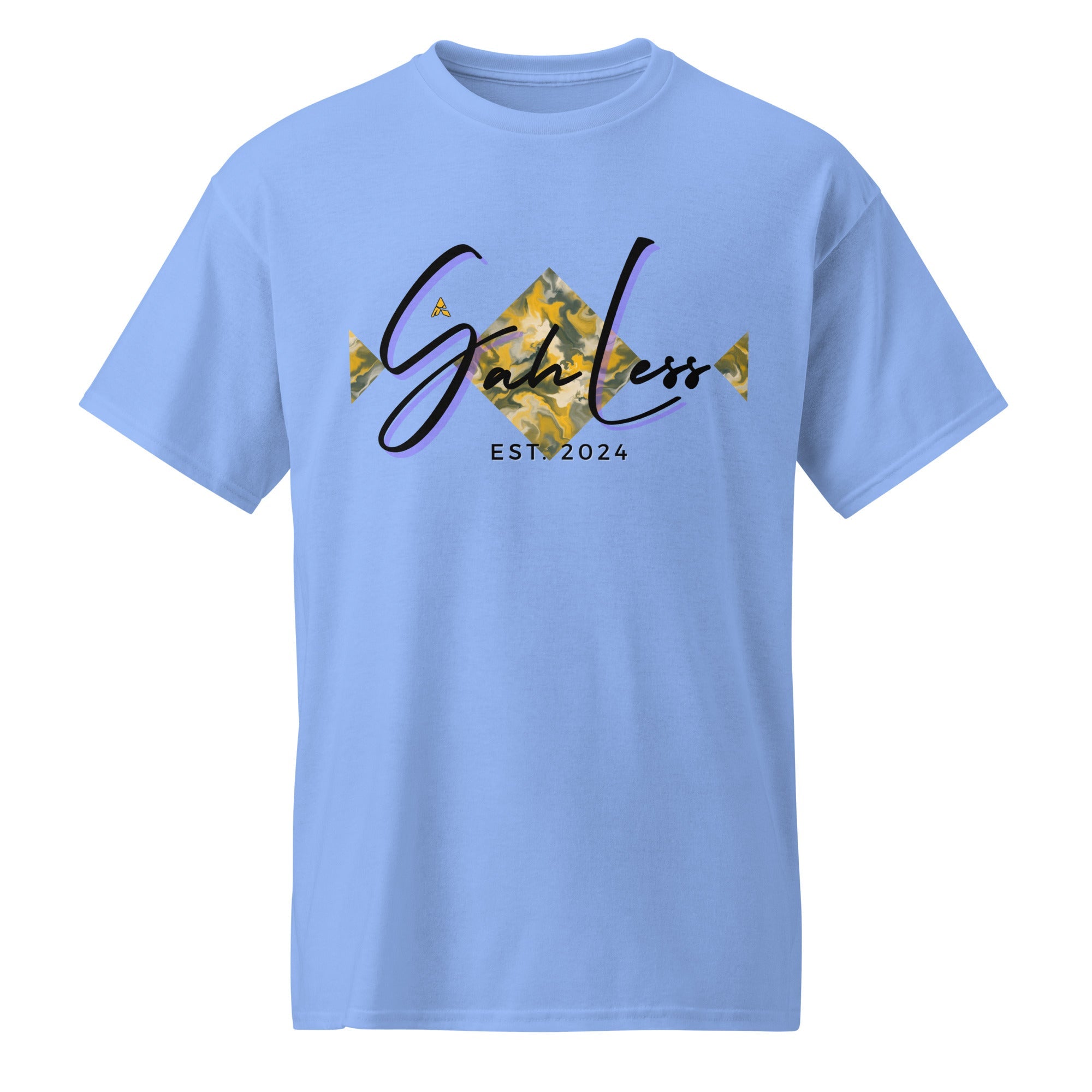 Light blue DryBlend® Graphic Performance Tee with SahLess EST. 2024 graphic, moisture-wicking cotton-poly blend unisex t-shirt.