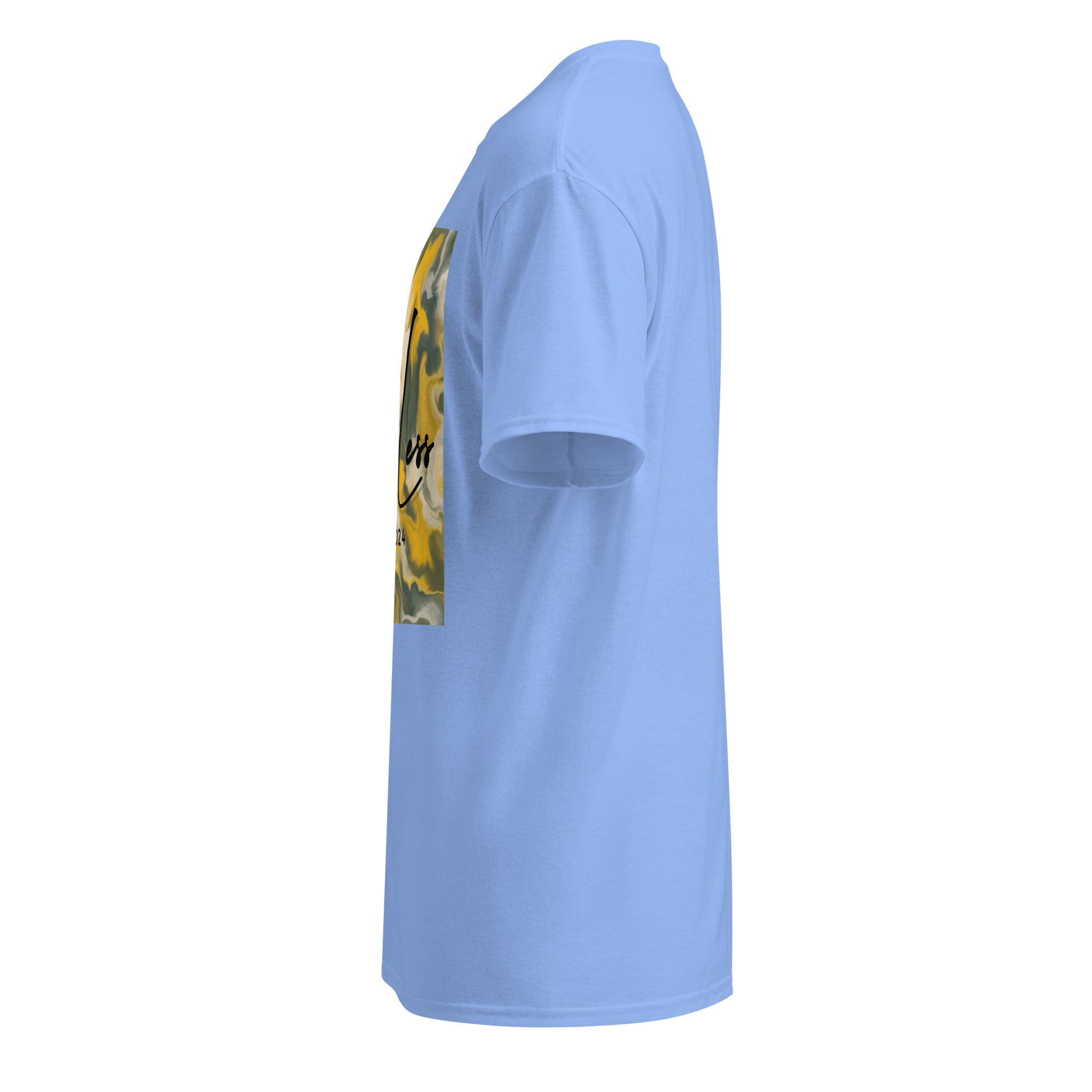 Side view of light blue SahLess DryBlend® Performance Tee with graphic print on front