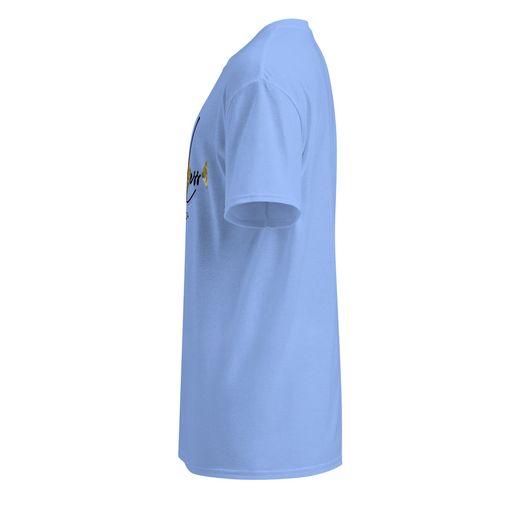 Side view of light blue DryBlend® Graphic Performance Tee with short sleeves and SahLess EST. 2024 graphic on chest