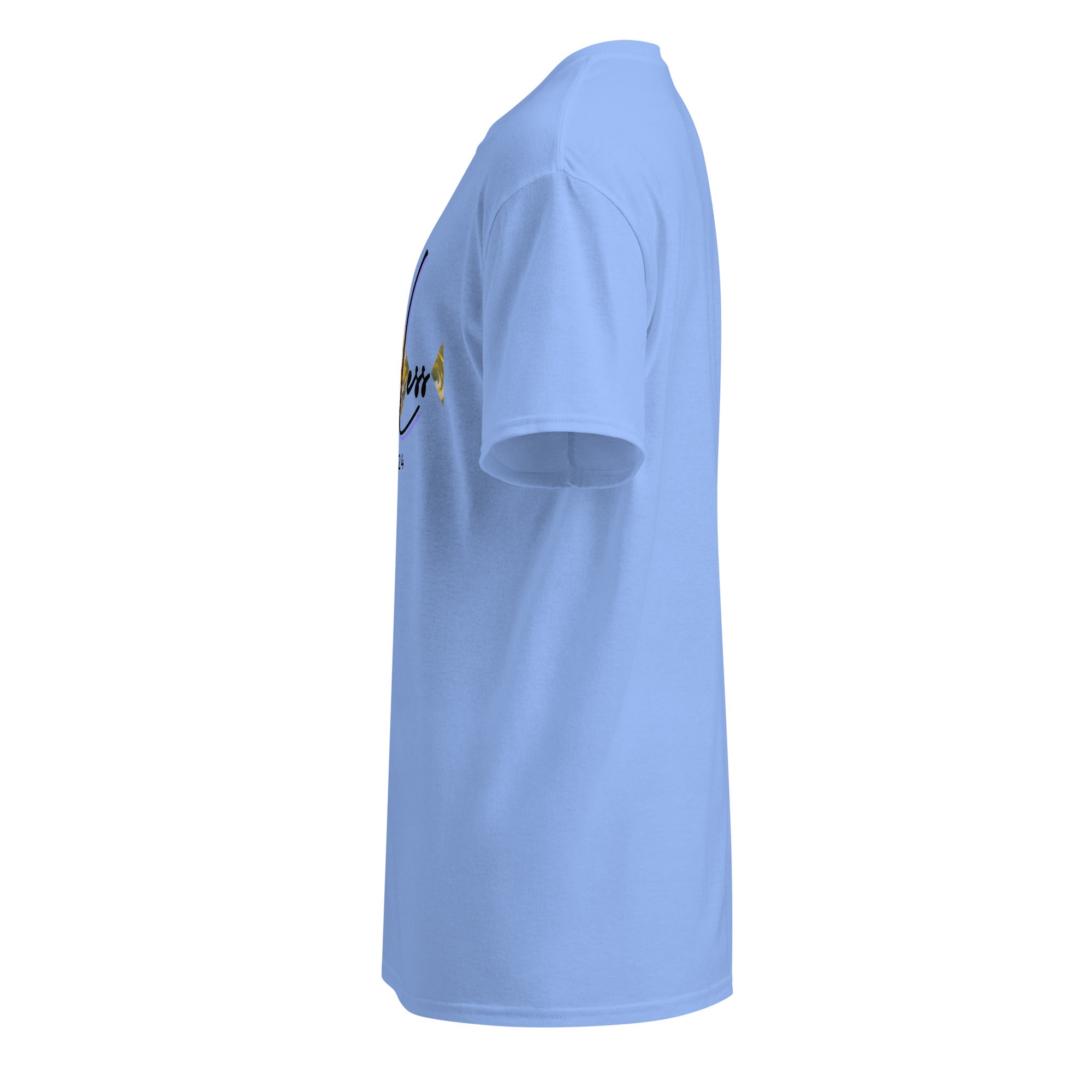Side view of light blue DryBlend® Graphic Performance Tee with short sleeves and SahLess EST. 2024 graphic on chest