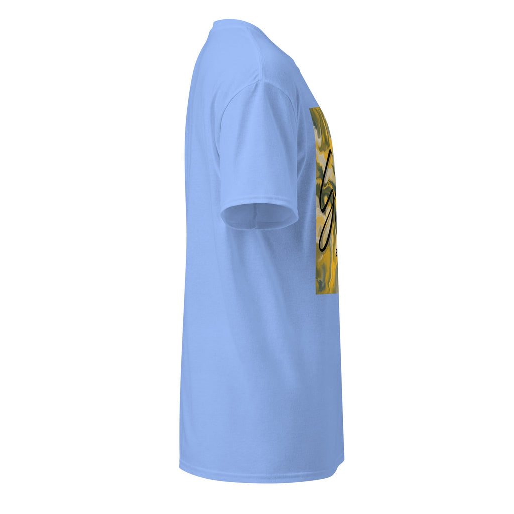 Side view of light blue SahLess DryBlend® Performance Tee with graphic print on front