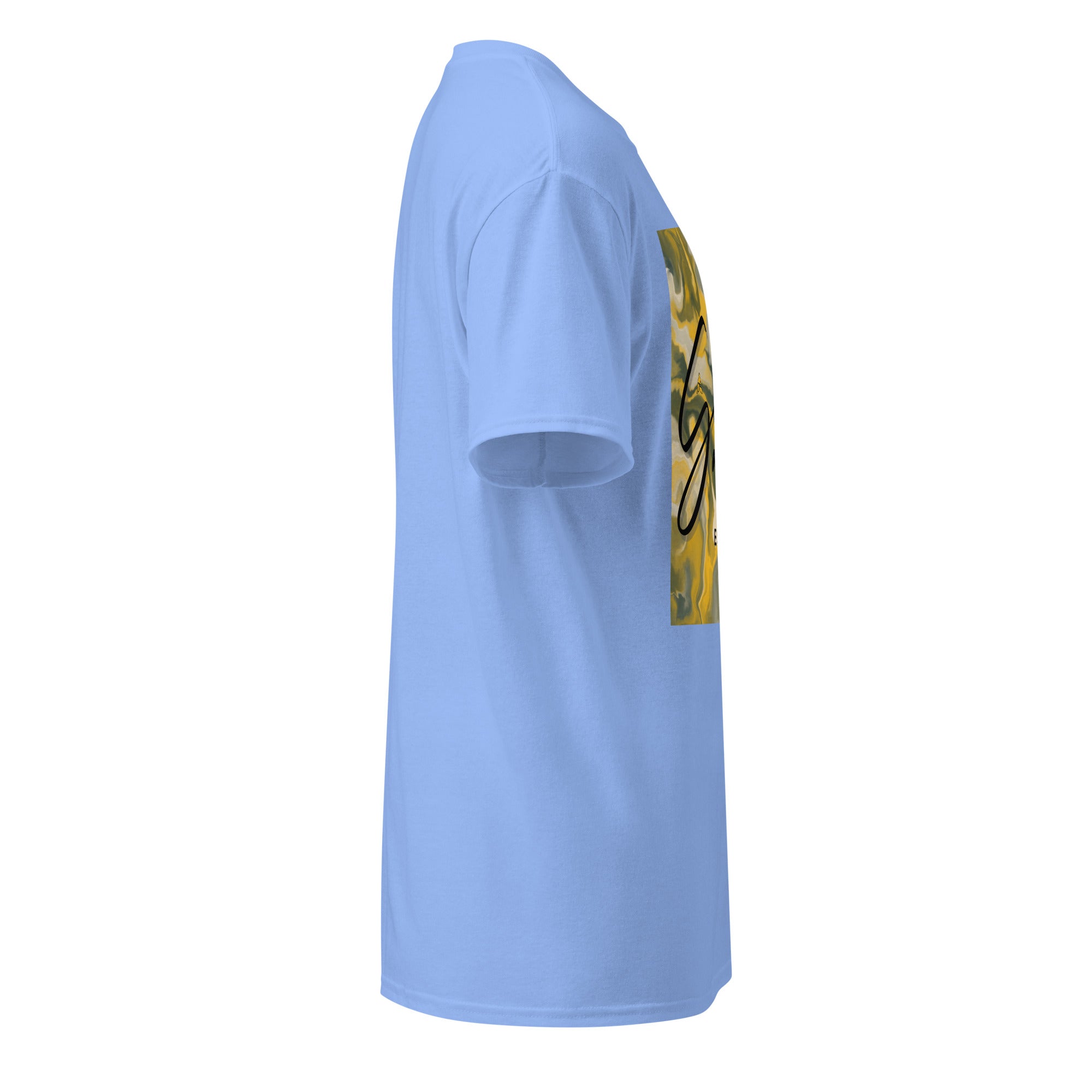 Side view of light blue SahLess DryBlend® Performance Tee with graphic print on front