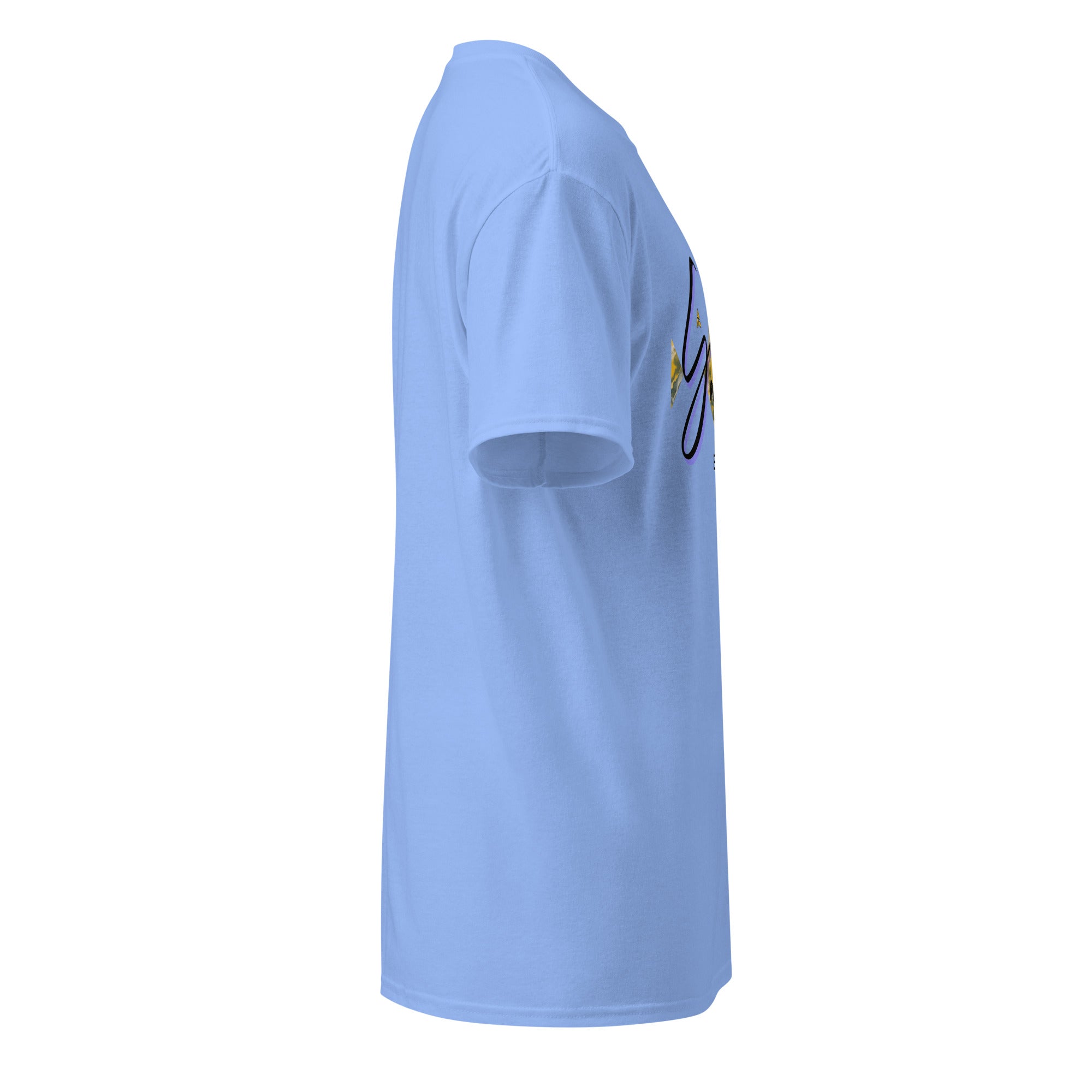 Side view of light blue DryBlend® Graphic Performance Tee with short sleeves and minimalist design