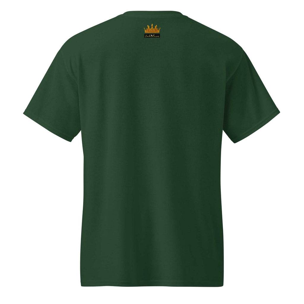 Back view of green SahLess DryBlend® Performance Tee with small gold crown logo and SahLess Emporium EST. 2024 text near neckline