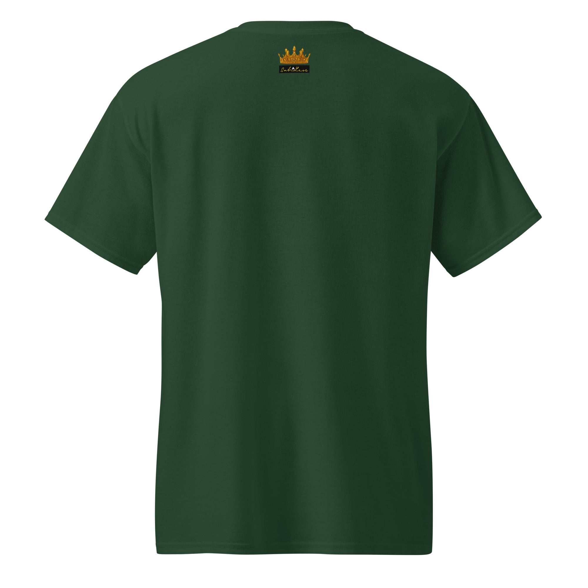 Back view of green SahLess DryBlend® Performance Tee with small gold crown logo and SahLess Emporium EST. 2024 text near neckline