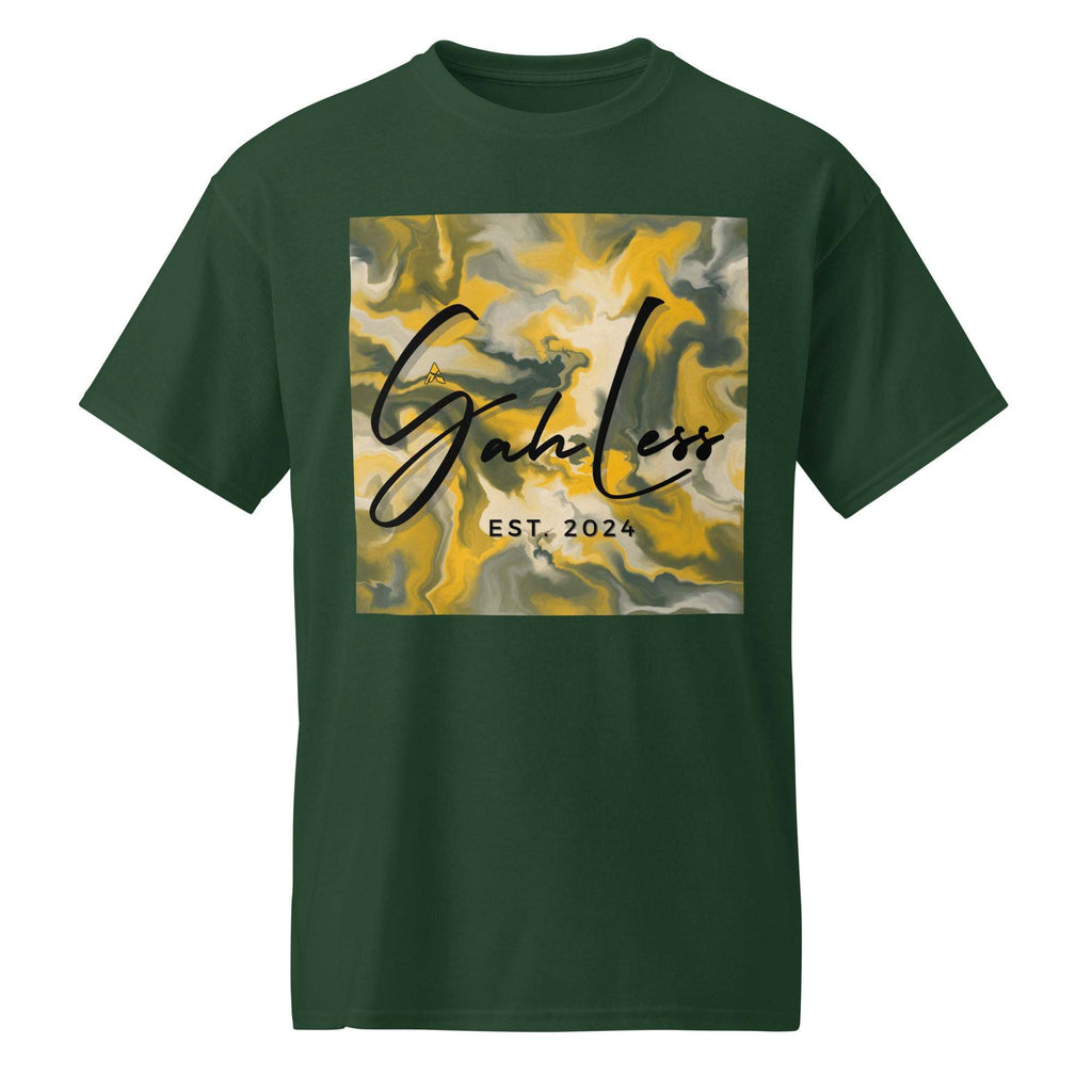 Green SahLess DryBlend® Performance Tee with yellow and gray abstract graphic and text EST. 2024