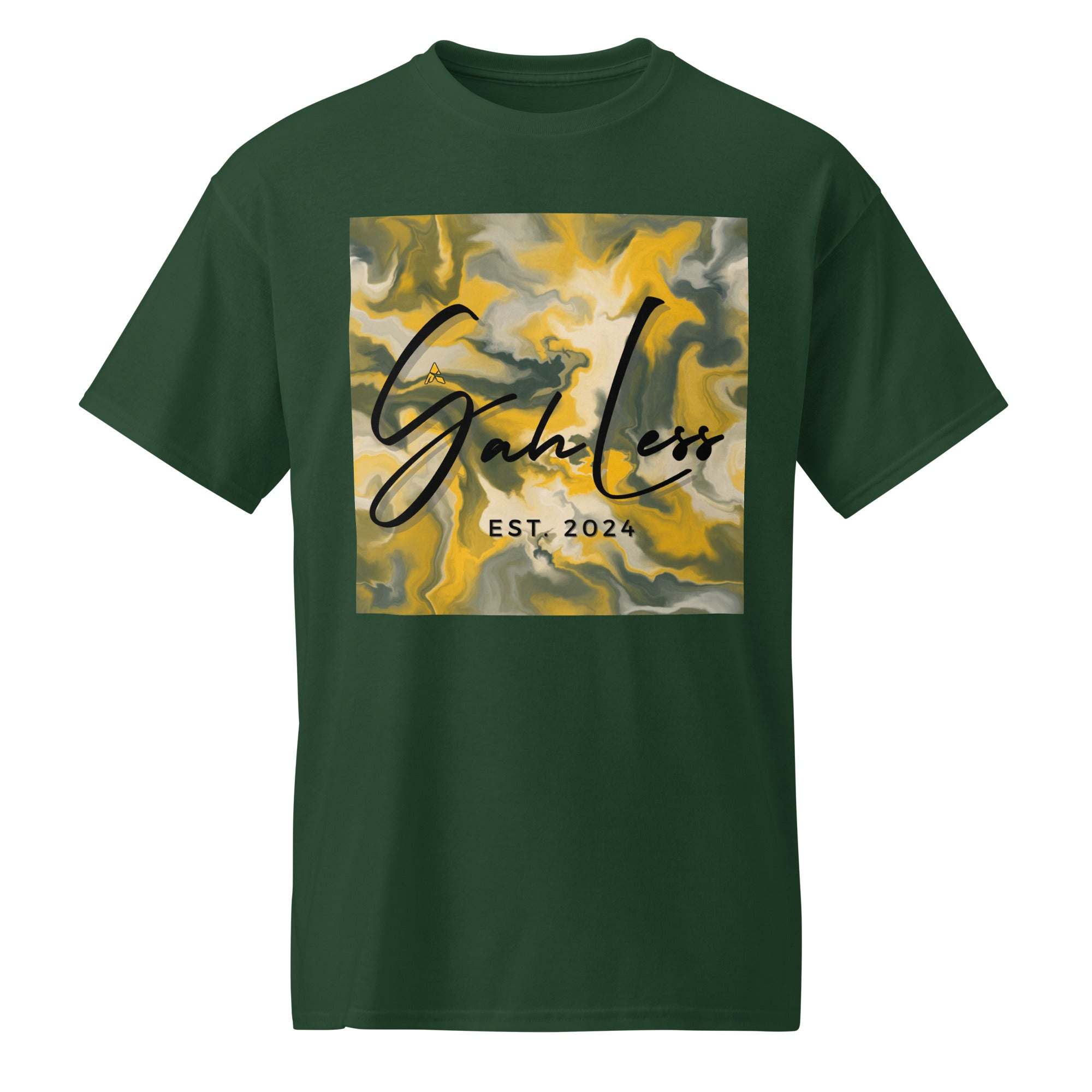 Green SahLess DryBlend® Performance Tee with yellow and gray abstract graphic and text EST. 2024