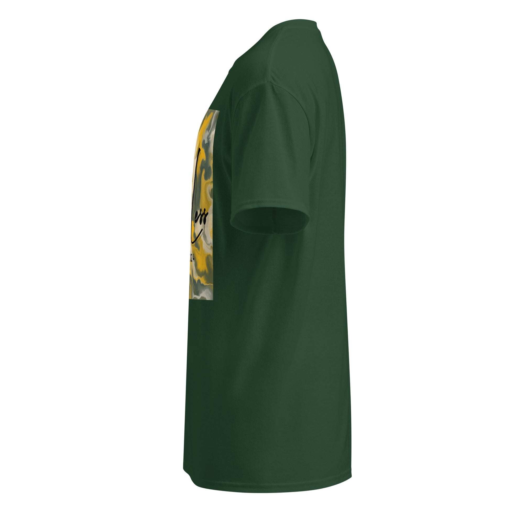 Green SahLess DryBlend® Performance Tee with graphic print, moisture-wicking unisex cotton-poly blend, modern fit