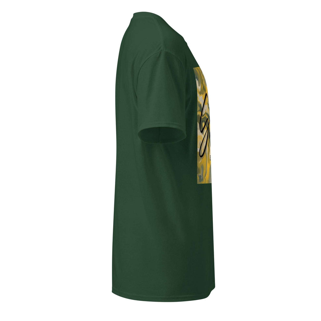 Side view of dark green SahLess DryBlend® Performance Tee with graphic print on front