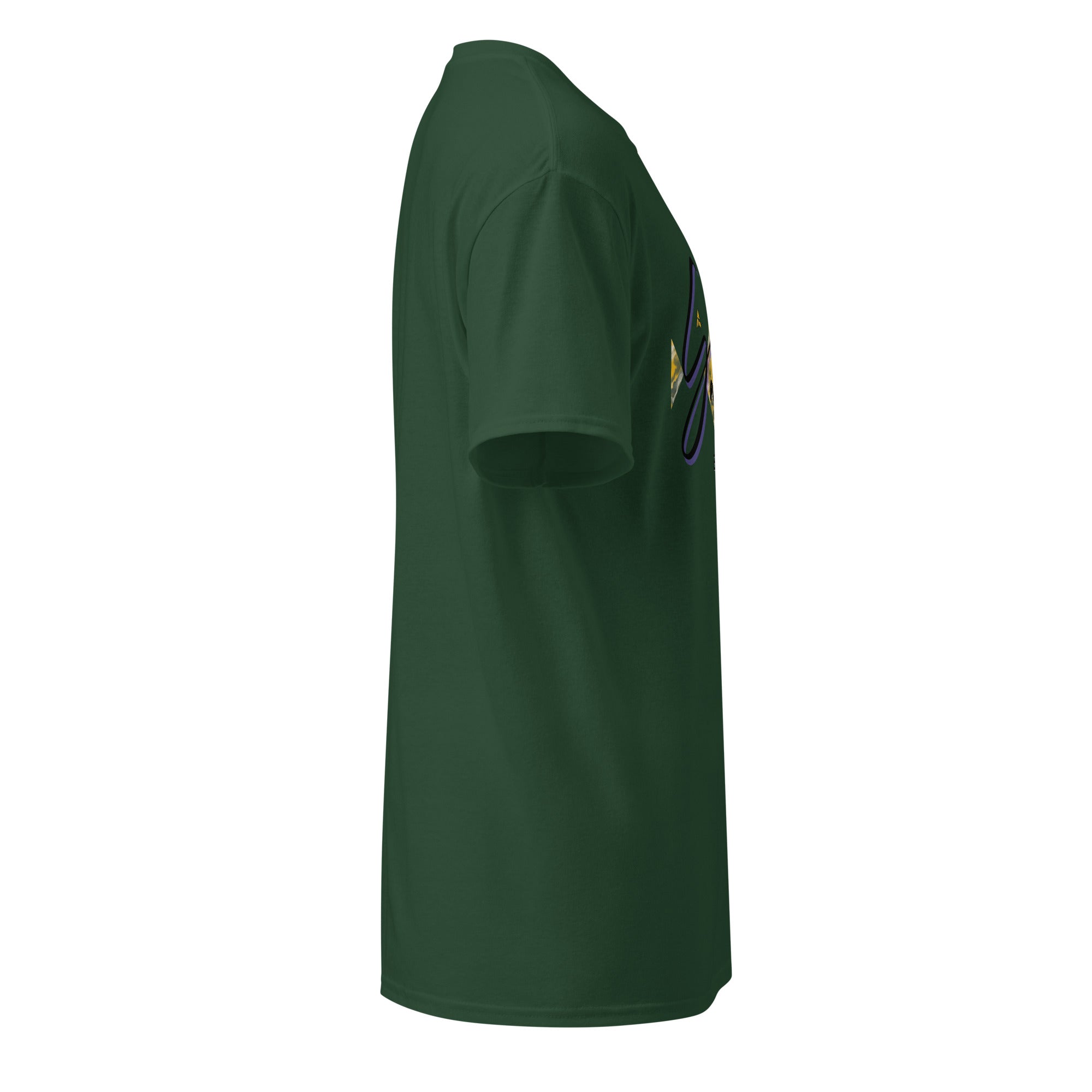 Side view of green DryBlend® Graphic Performance Tee with short sleeves and minimalist design