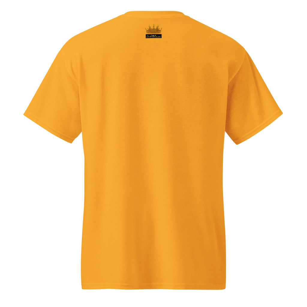 Back view of a yellow SahLess DryBlend® Performance Tee with subtle logo near the neckline, made of moisture-wicking cotton/poly blend for comfort and durability.