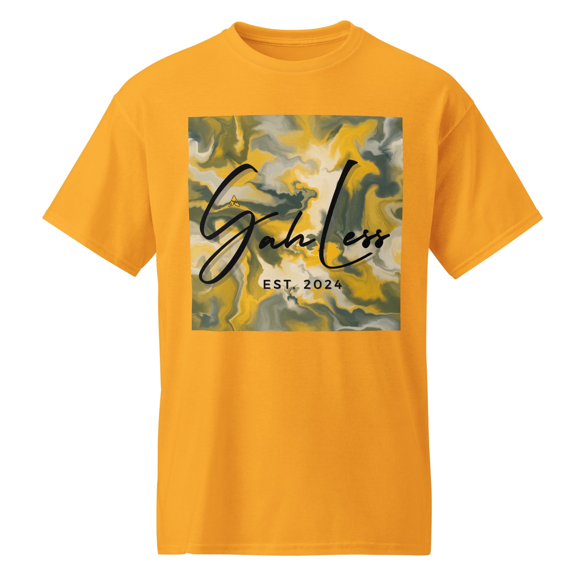 Unisex orange SahLess DryBlend® Performance Tee with abstract graphic and "SahLess EST. 2024" text, moisture-wicking fabric.