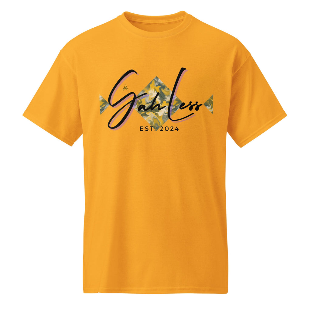 Yellow DryBlend® Graphic Performance Tee with SahLess EST. 2024 camo print logo, moisture-wicking cotton-poly blend unisex t-shirt