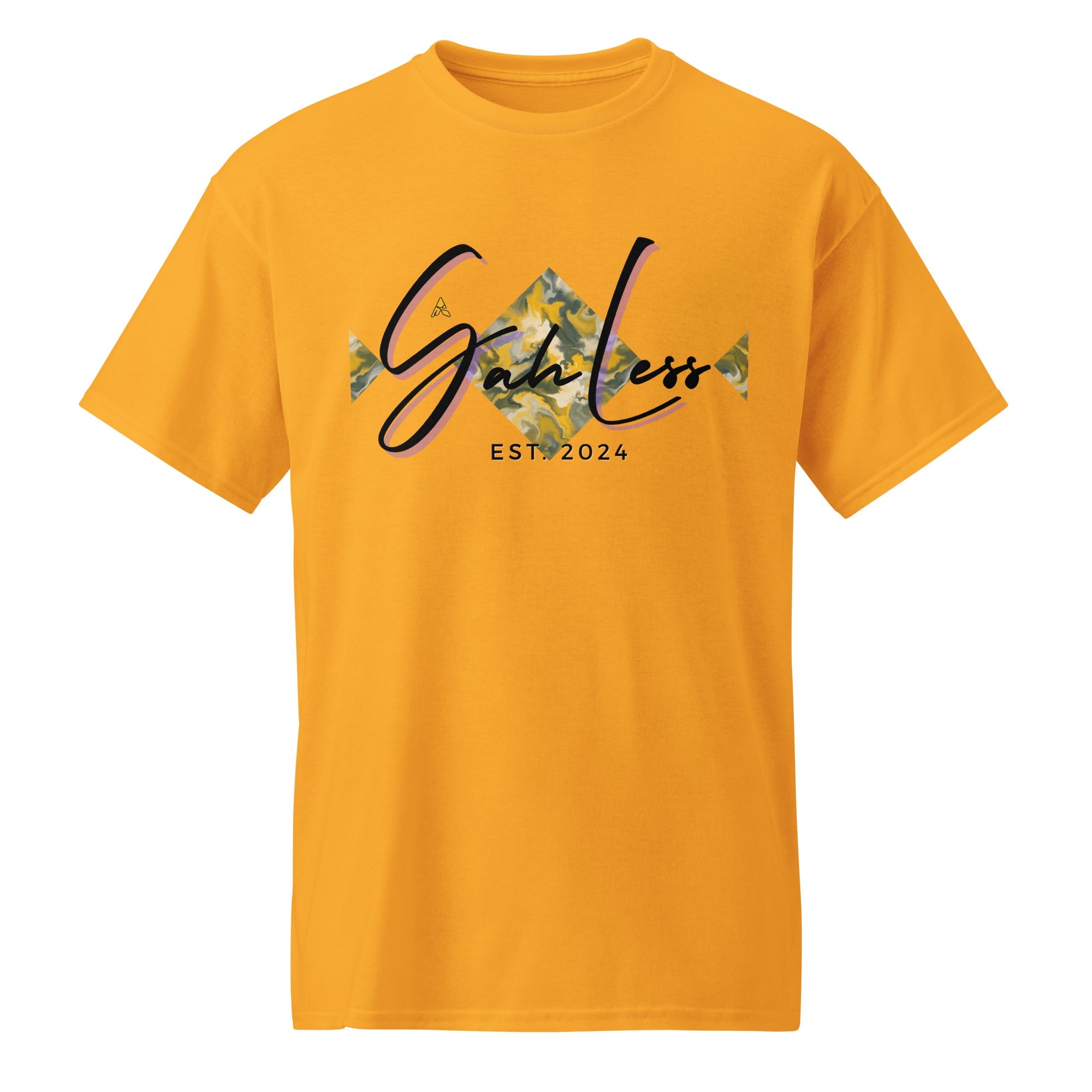 Yellow DryBlend® Graphic Performance Tee with SahLess EST. 2024 camo print logo, moisture-wicking cotton-poly blend unisex t-shirt
