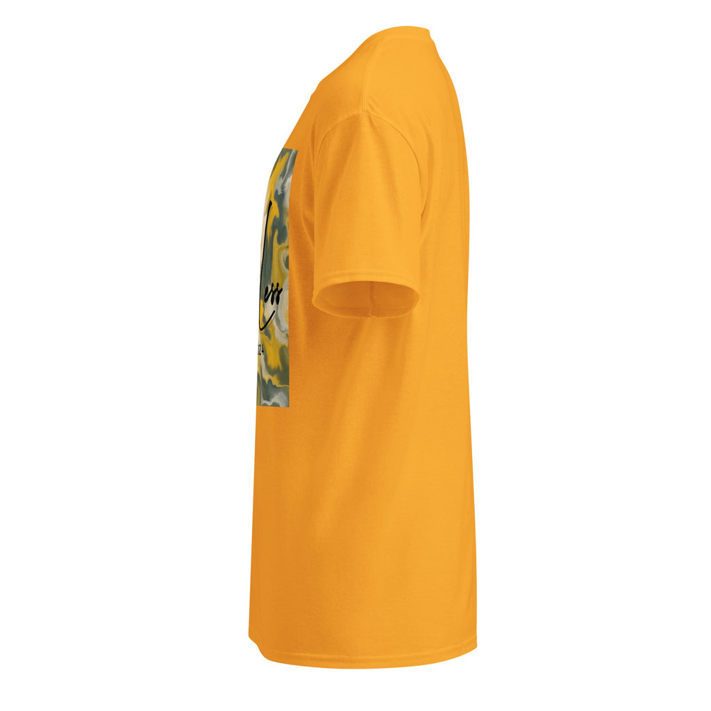 SahLess DryBlend® Performance Tee in yellow with graphic print, moisture-wicking cotton-poly blend, unisex fit