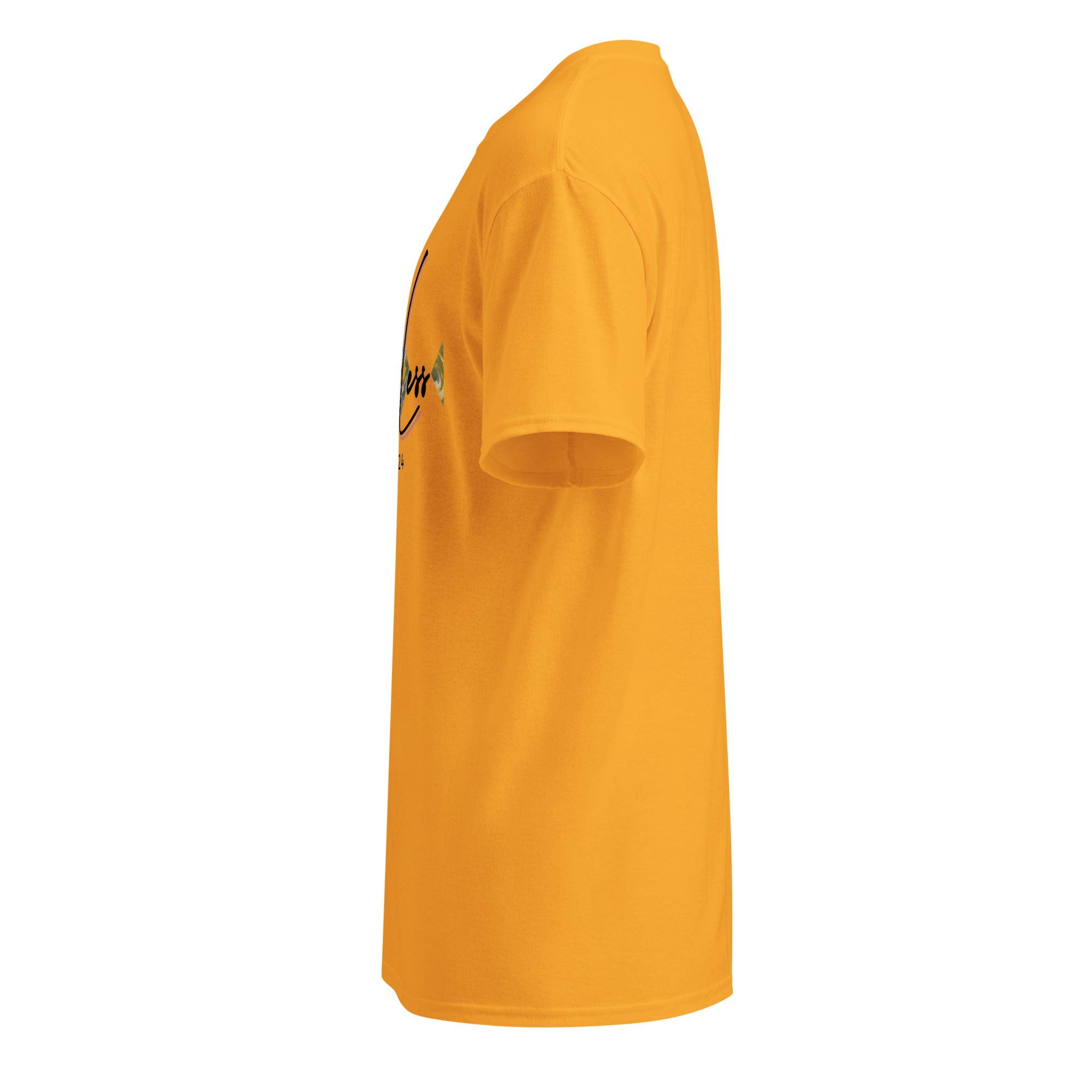Side view of orange DryBlend® Graphic Performance Tee with SahLess EST. 2024 logo, moisture-wicking cotton-poly blend, and modern classic fit.