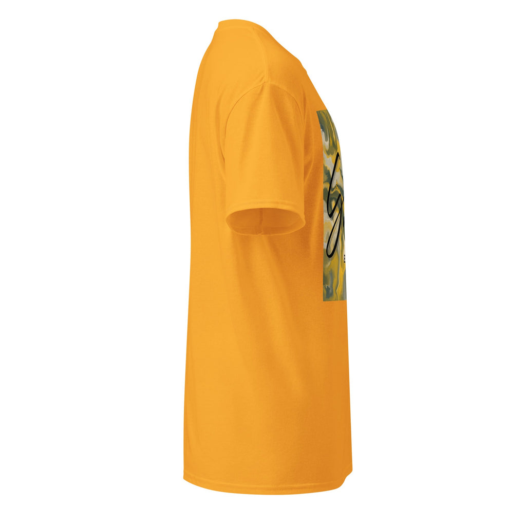 Side view of yellow SahLess DryBlend® Performance Tee with graphic print, moisture-wicking cotton-poly blend, and modern classic fit.