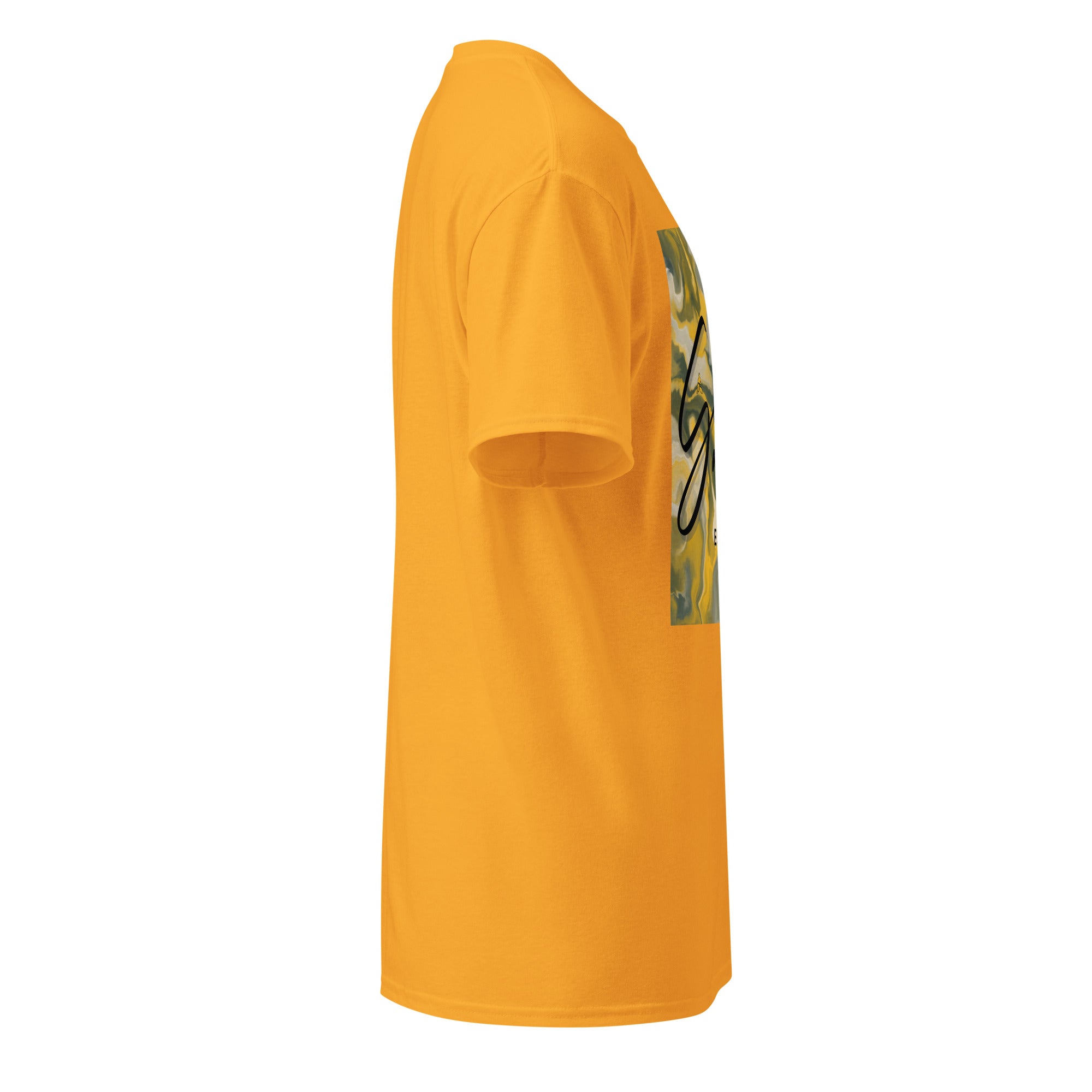Side view of yellow SahLess DryBlend® Performance Tee with graphic print, moisture-wicking cotton-poly blend, and modern classic fit.