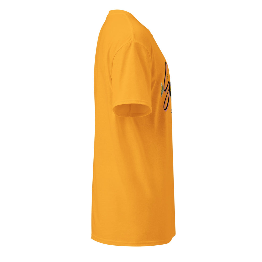 Side view of a yellow DryBlend® Graphic Performance Tee with short sleeves and a classic fit.