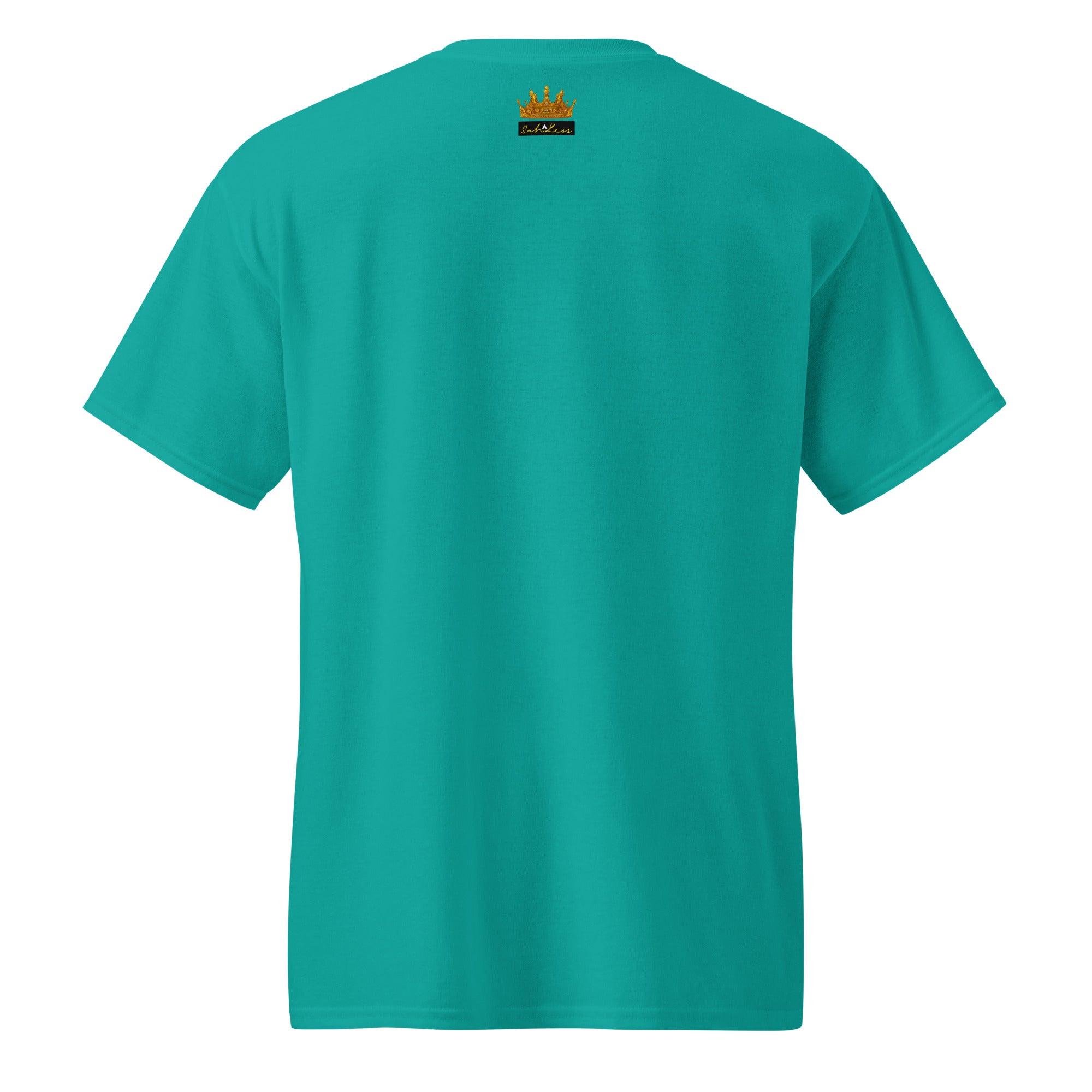 Back view of turquoise DryBlend® Graphic Performance Tee with SahLess EST. 2024 logo on upper back