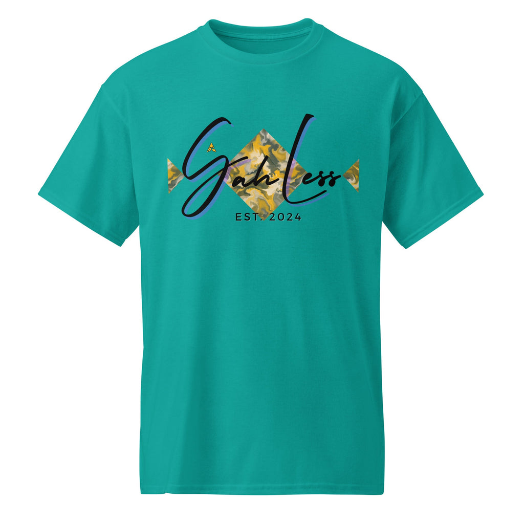 Teal DryBlend® Graphic Performance Tee with SahLess EST. 2024 logo, moisture-wicking cotton-poly blend unisex t-shirt.