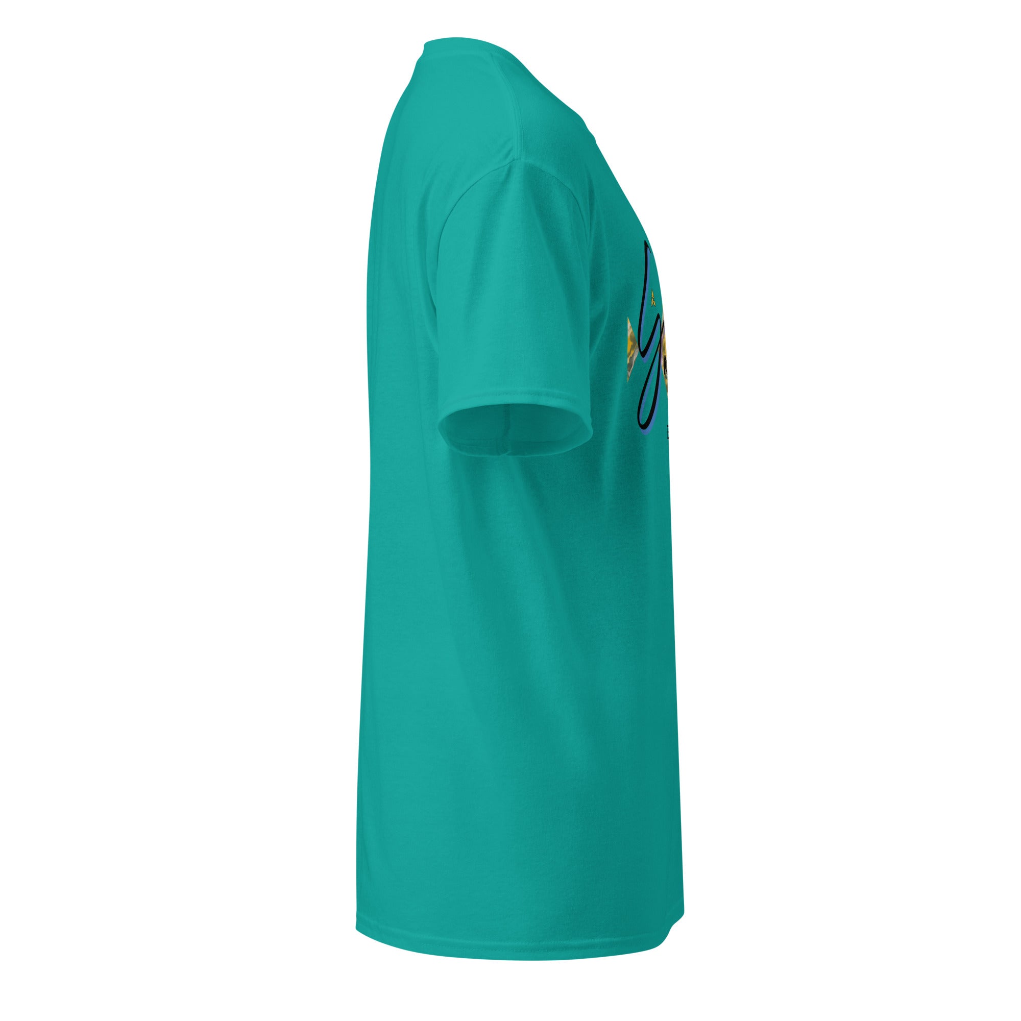 Side view of teal DryBlend® Graphic Performance Tee with short sleeves and minimalist design
