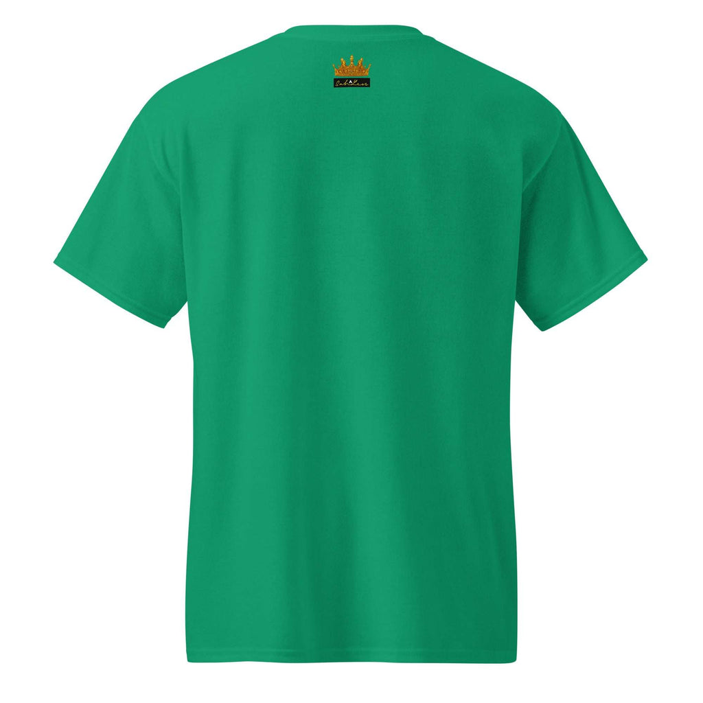Green SahLess DryBlend® Performance Tee with back logo print, unisex moisture-wicking cotton-poly blend shirt designed for comfort and durability