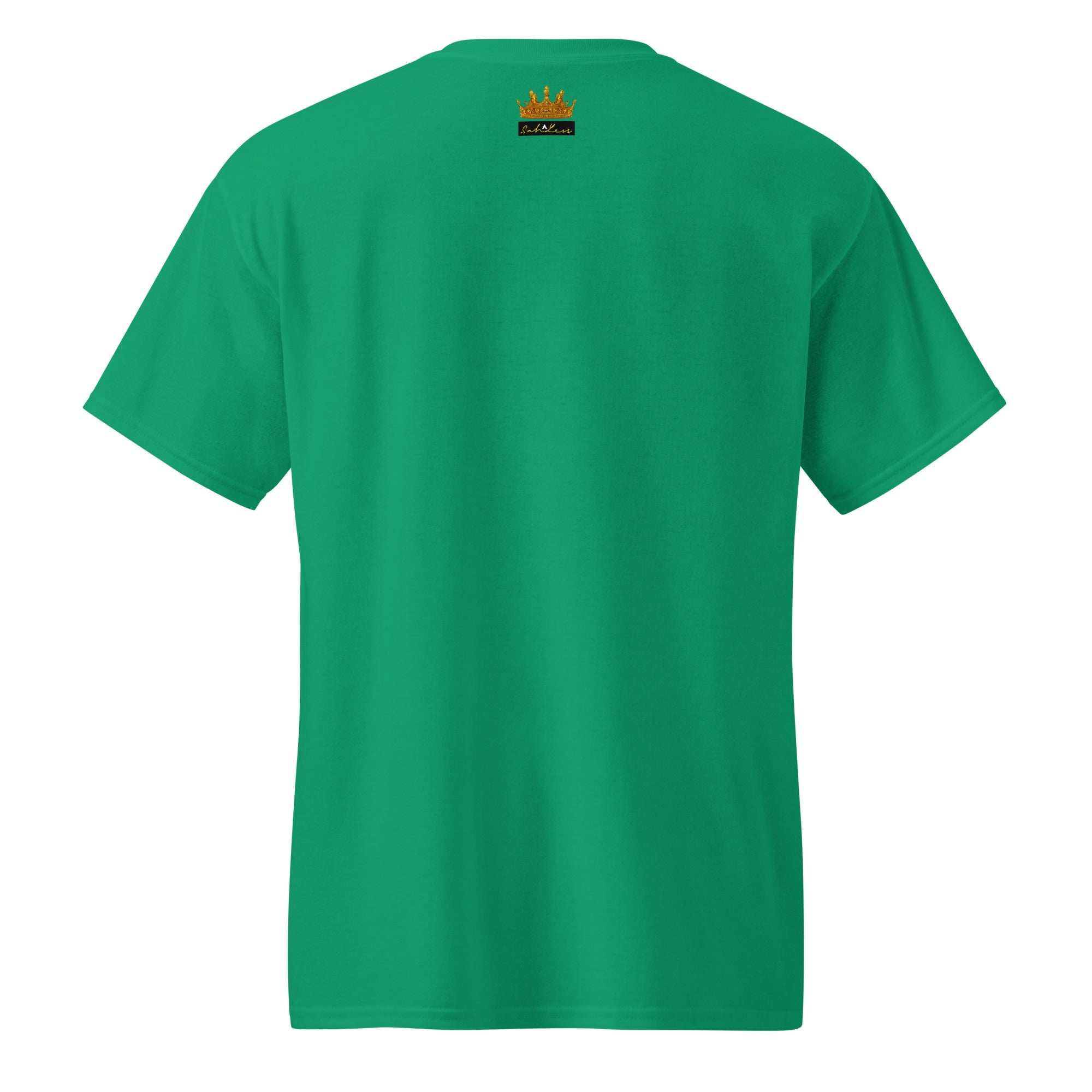 Green SahLess DryBlend® Performance Tee with back logo print, unisex moisture-wicking cotton-poly blend shirt designed for comfort and durability
