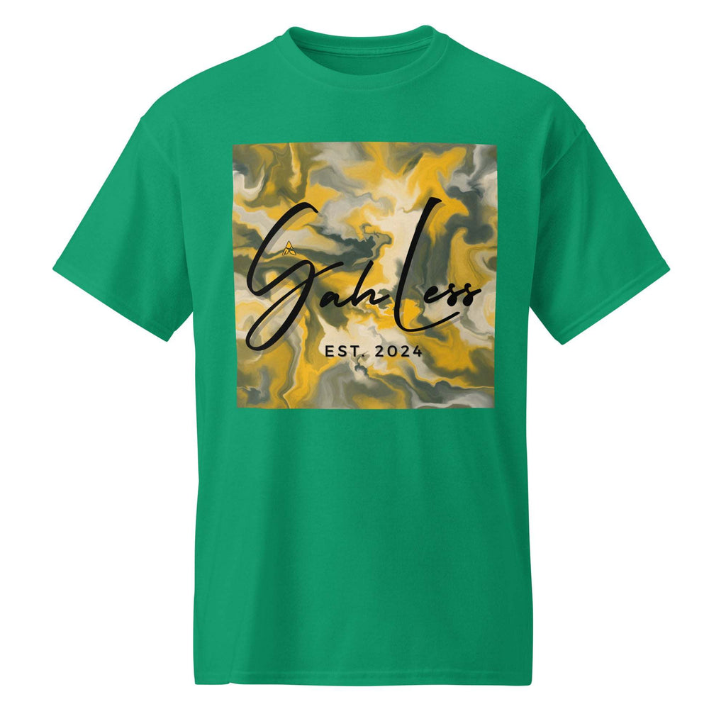 Green SahLess DryBlend® Performance Tee with abstract yellow and gray graphic and "SahLess EST. 2024" text on front