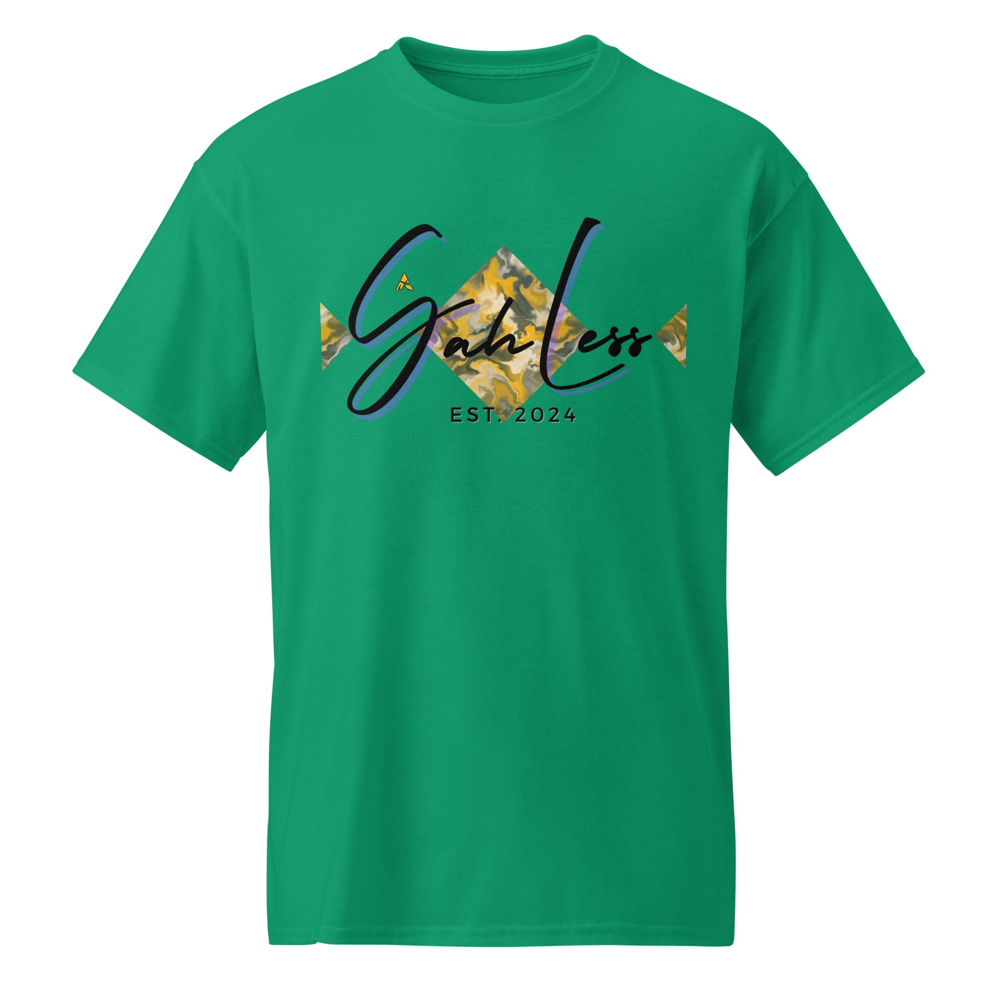 Green DryBlend® Graphic Performance Tee with SahLess EST. 2024 logo and moisture-wicking fabric