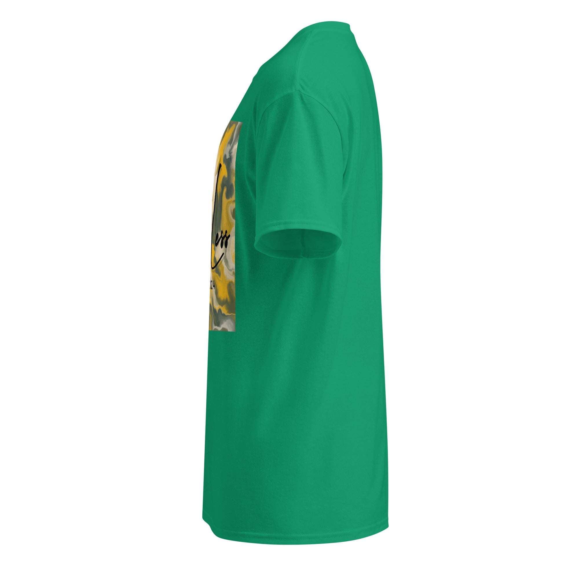 Green SahLess DryBlend® Performance Tee with graphic print, moisture-wicking unisex t-shirt designed for comfort and durability.
