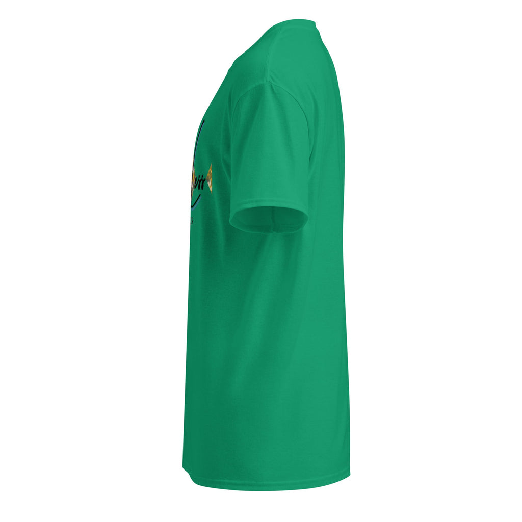 Green DryBlend® Graphic Performance Tee with short sleeves and a classic fit shown from the side