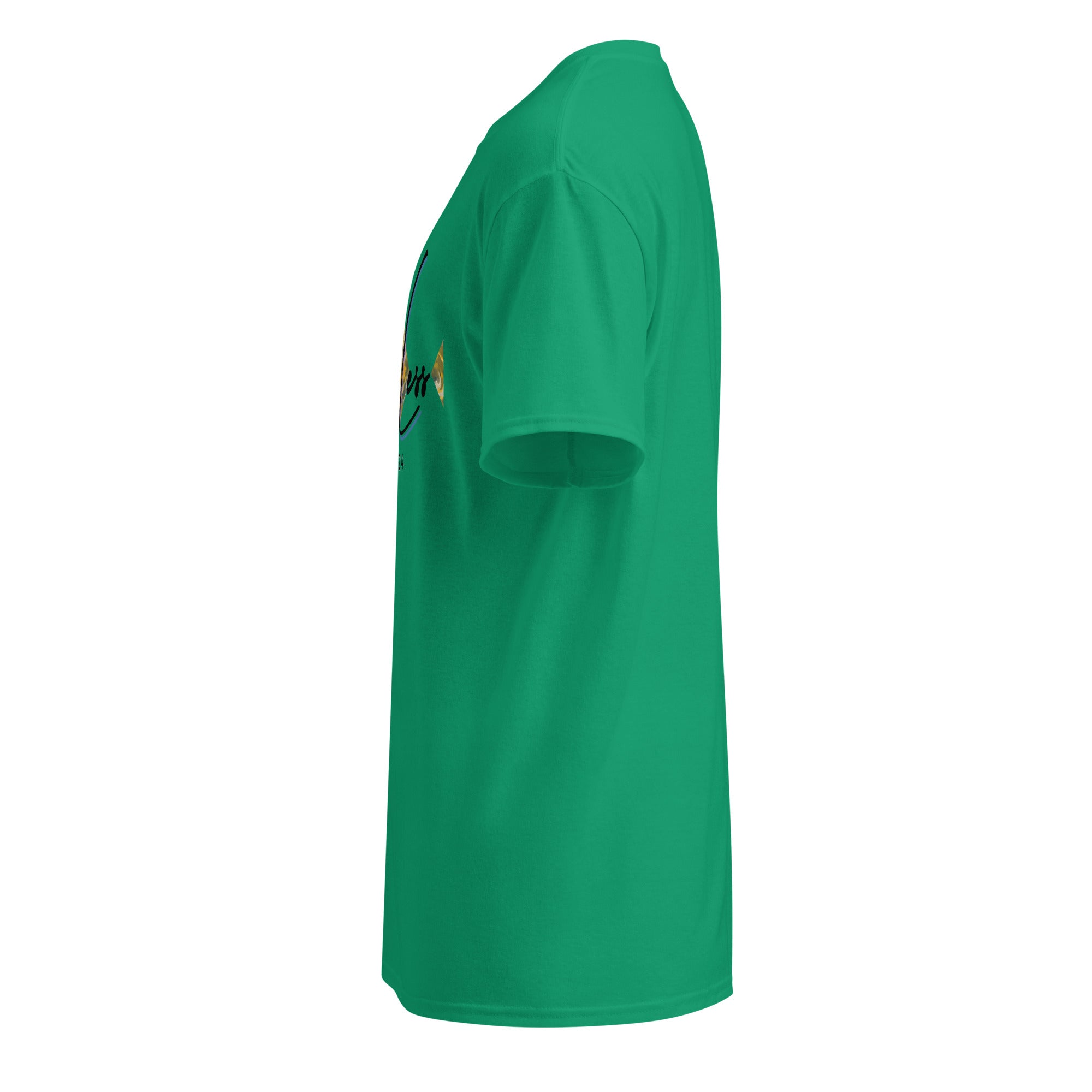 Green DryBlend® Graphic Performance Tee with short sleeves and a classic fit shown from the side