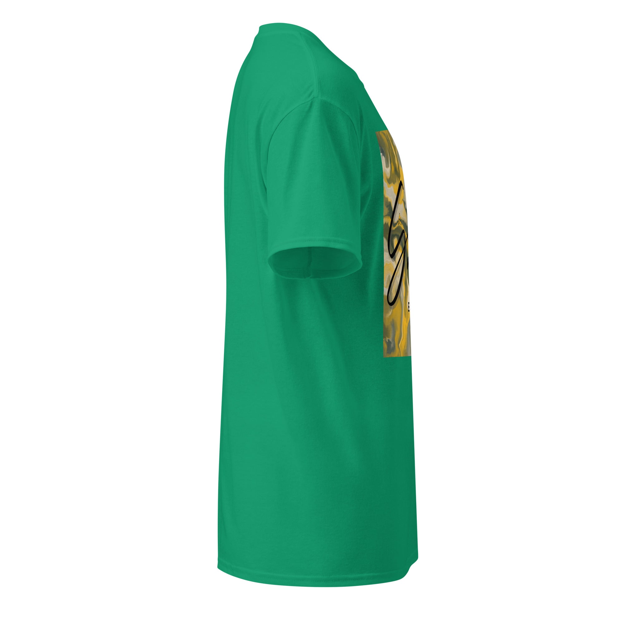 Green SahLess DryBlend® Performance Tee with graphic print, moisture-wicking cotton-poly blend, modern classic fit