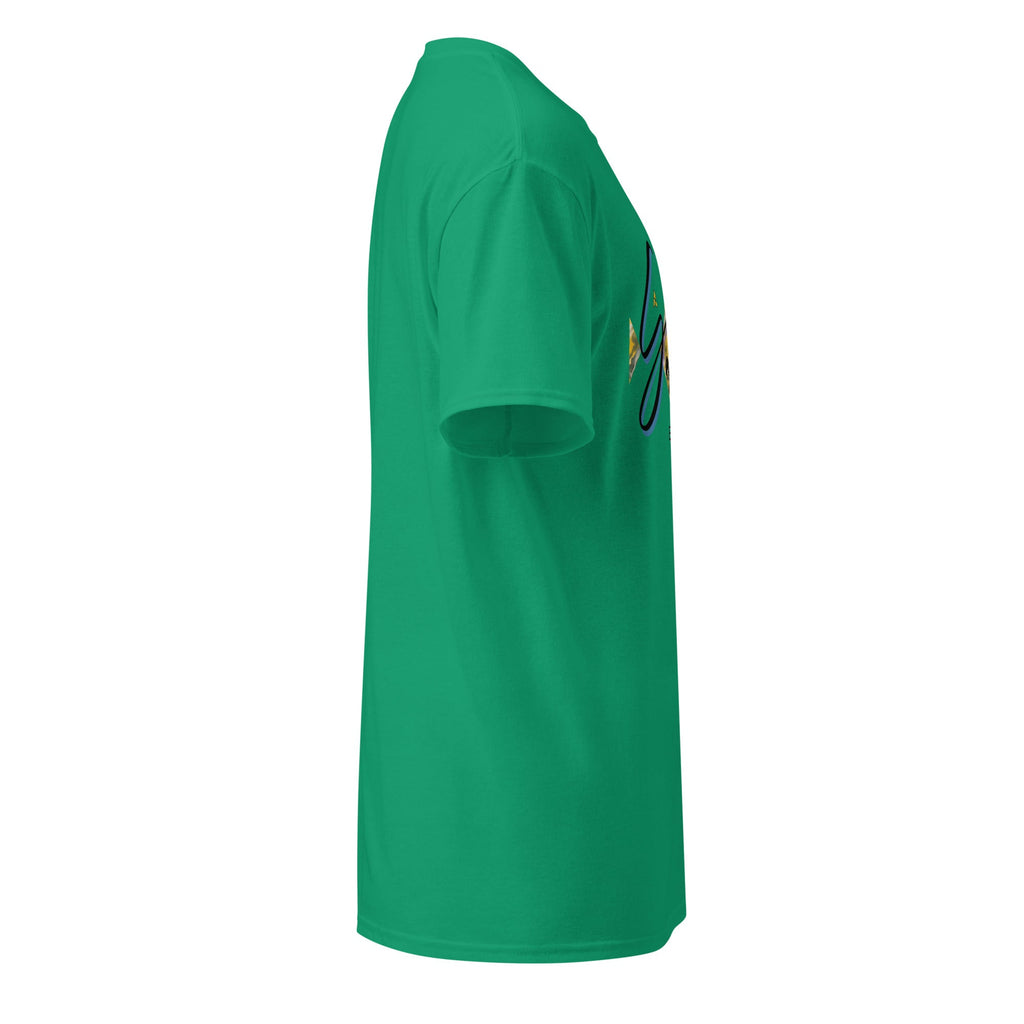 Side view of green DryBlend® Graphic Performance Tee with SahLess logo and classic fit designed for moisture-wicking and comfort