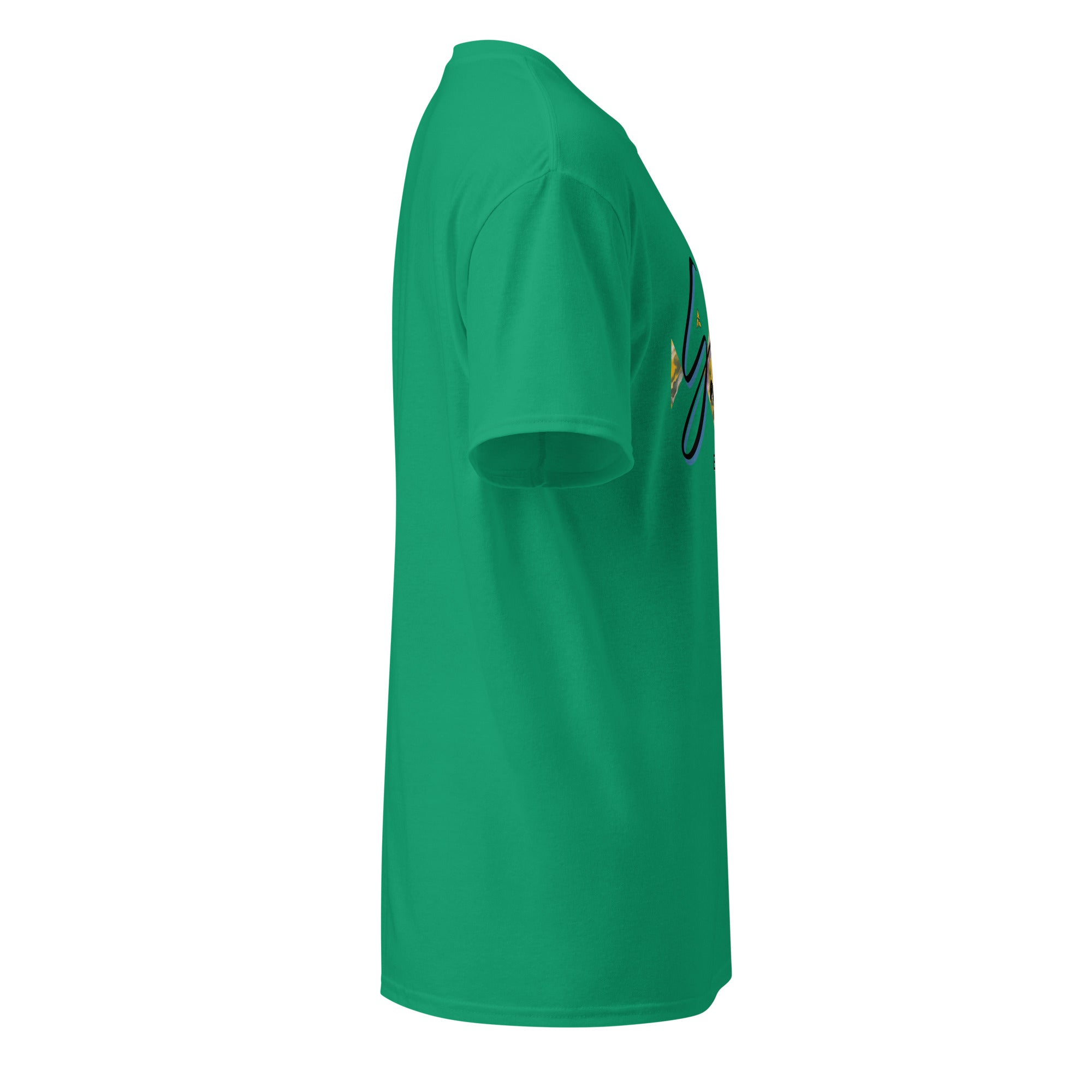 Side view of green DryBlend® Graphic Performance Tee with SahLess logo and classic fit designed for moisture-wicking and comfort