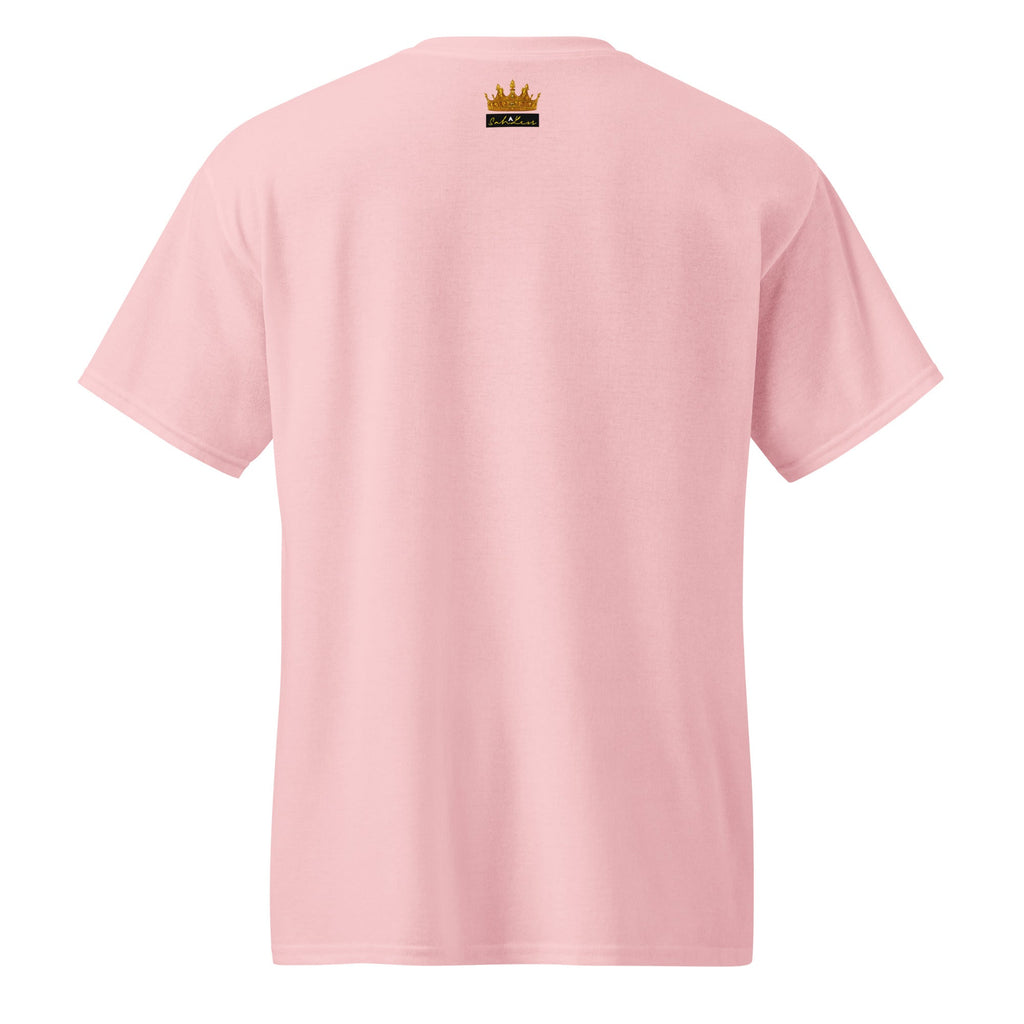 Back view of pink SahLess DryBlend® Performance Tee with small graphic and text near neck