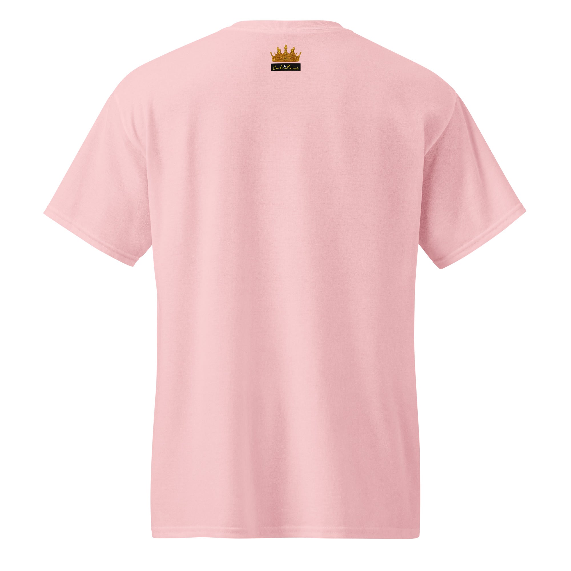 Back view of pink SahLess DryBlend® Performance Tee with small graphic and text near neck