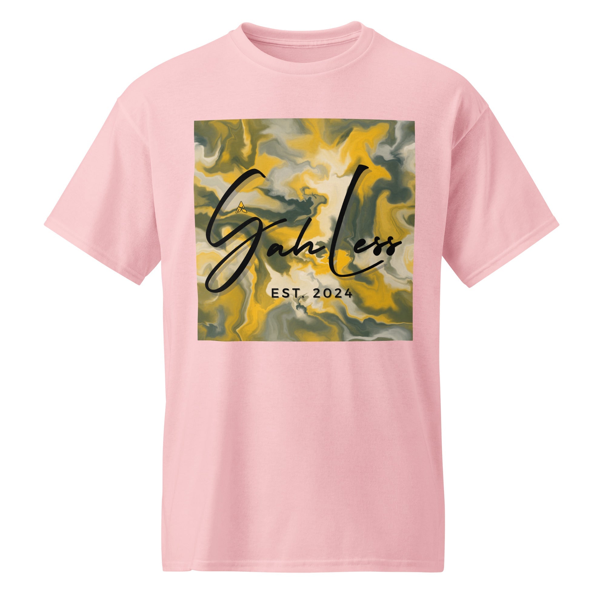 Pink SahLess DryBlend® Performance Tee with yellow and gray abstract graphic and "SahLess EST. 2024" text on front